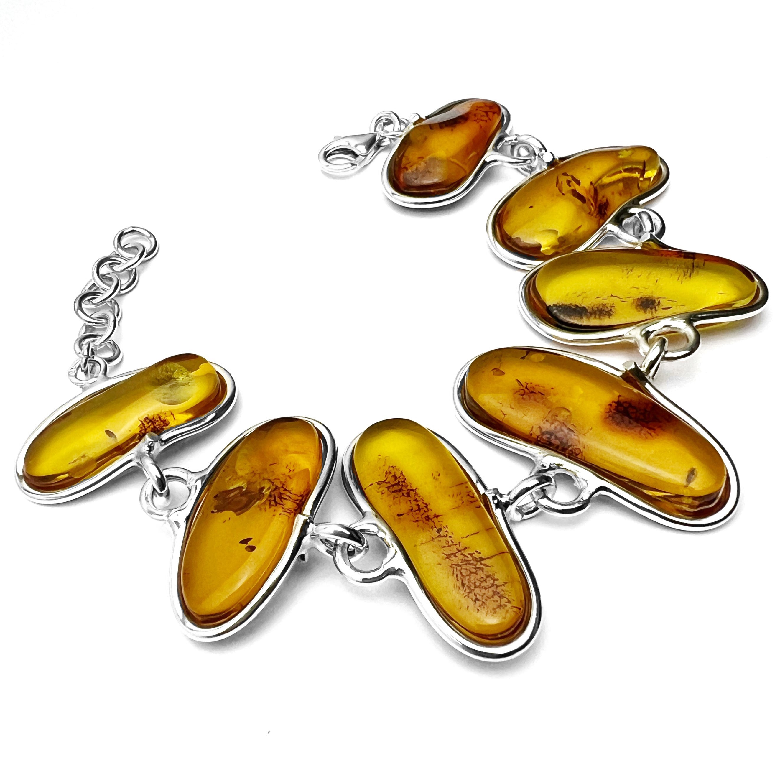 925 Sterling Silver & Genuine Cognac Baltic Amber Exclusive Link Bracelet with extender - BT176