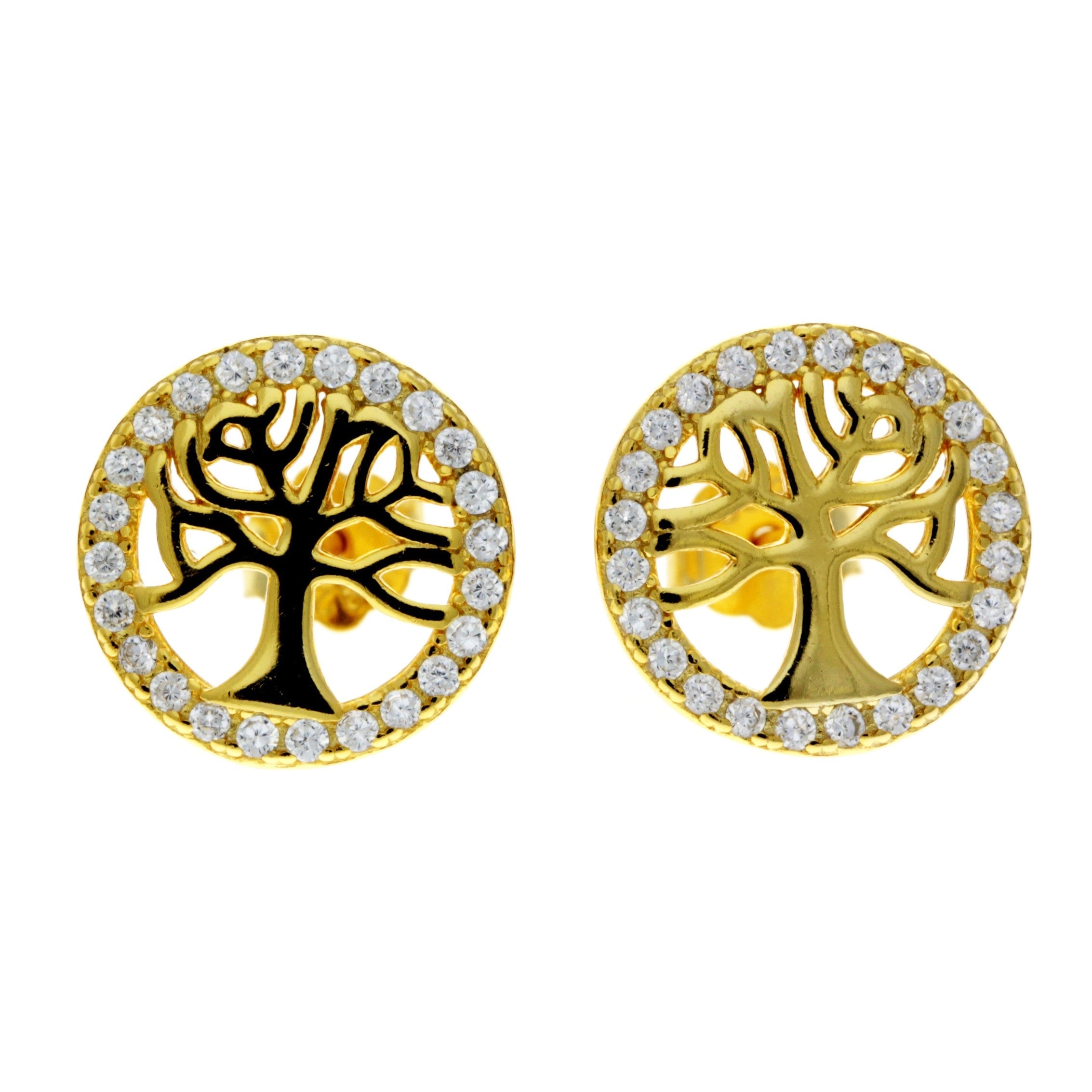 925 Sterling Silver Gold Plated Tree of Life Earrings with Cubic Zirconia - CH-1135-GP-E