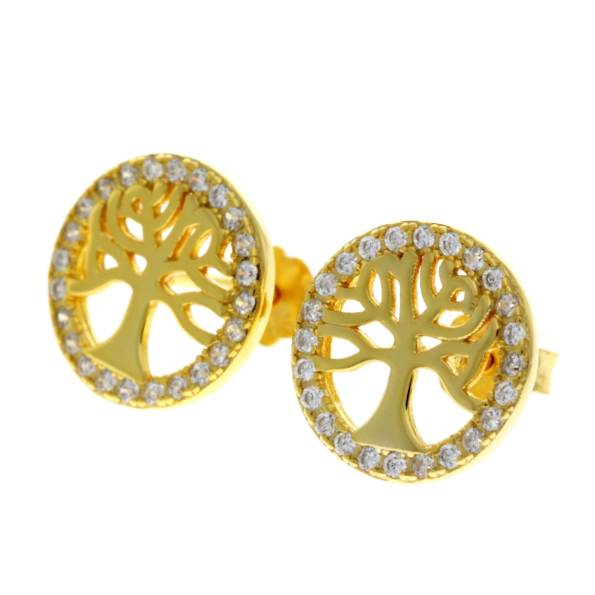 925 Sterling Silver Gold Plated Tree of Life Earrings with Cubic Zirconia - CH-1135-GP-E