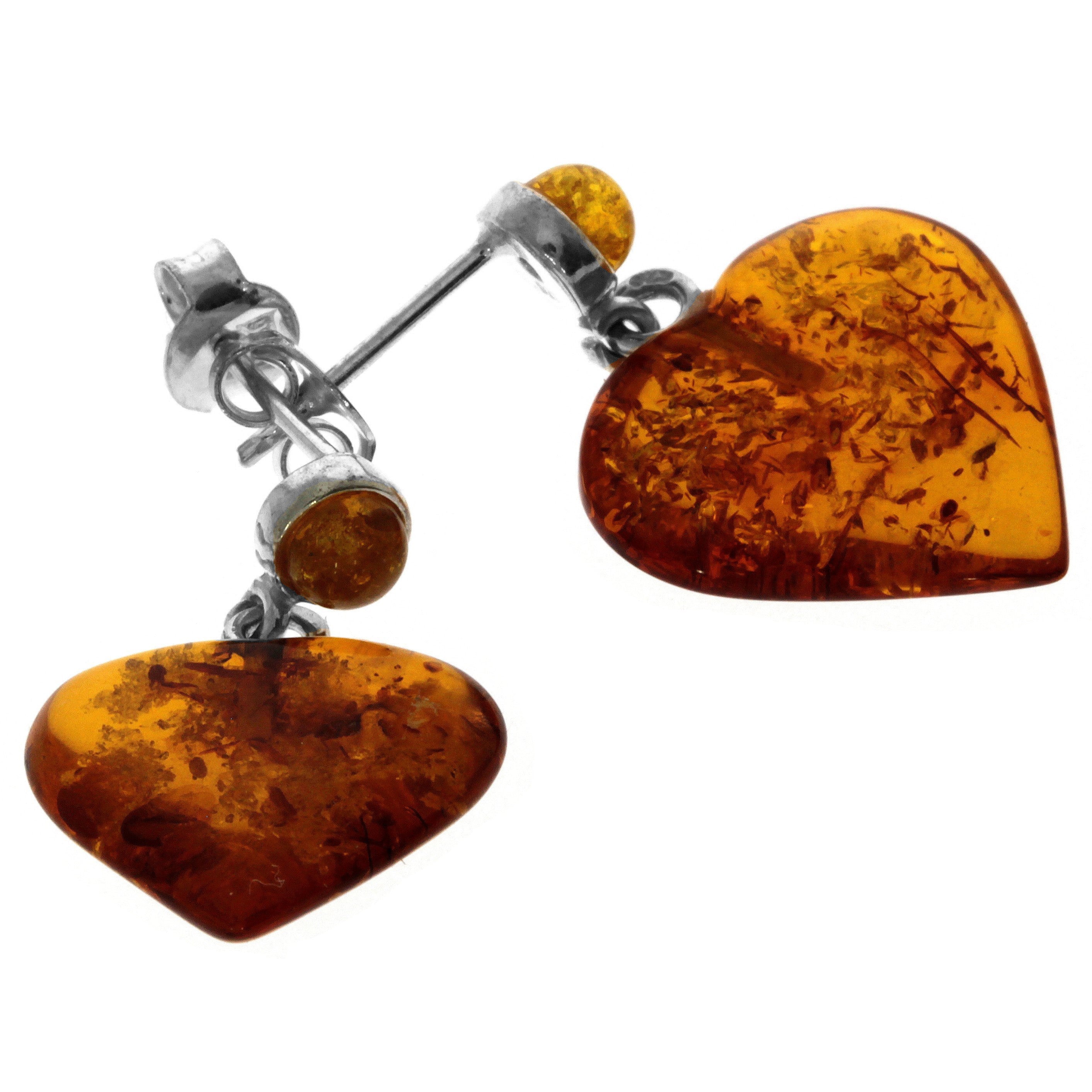 925 Sterling Silver & Genuine Baltic Amber Classic Hearts Drop Earrings - GU006