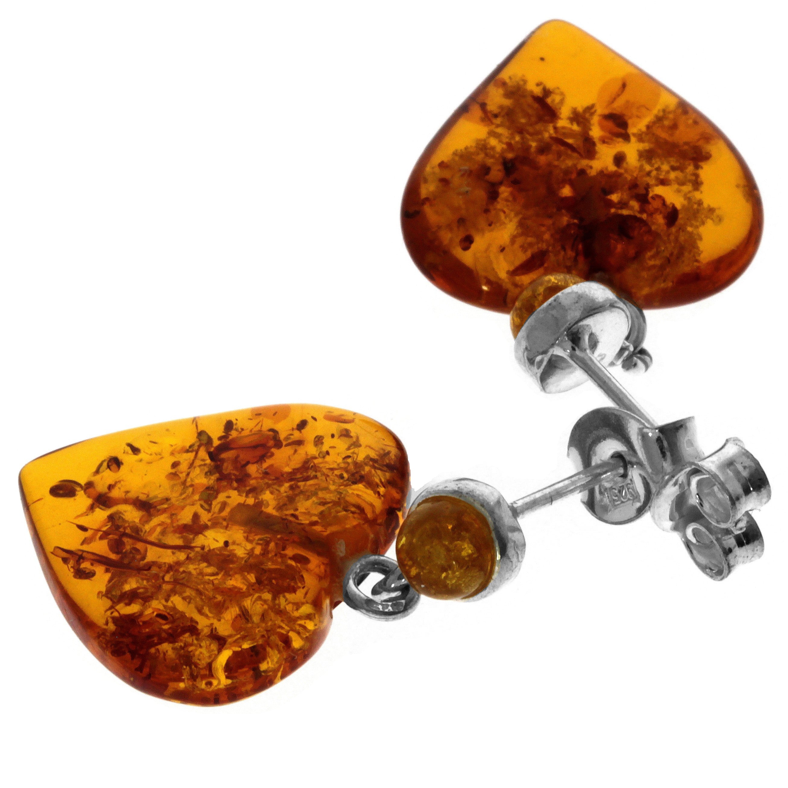 925 Sterling Silver & Genuine Baltic Amber Classic Hearts Drop Earrings - GU006