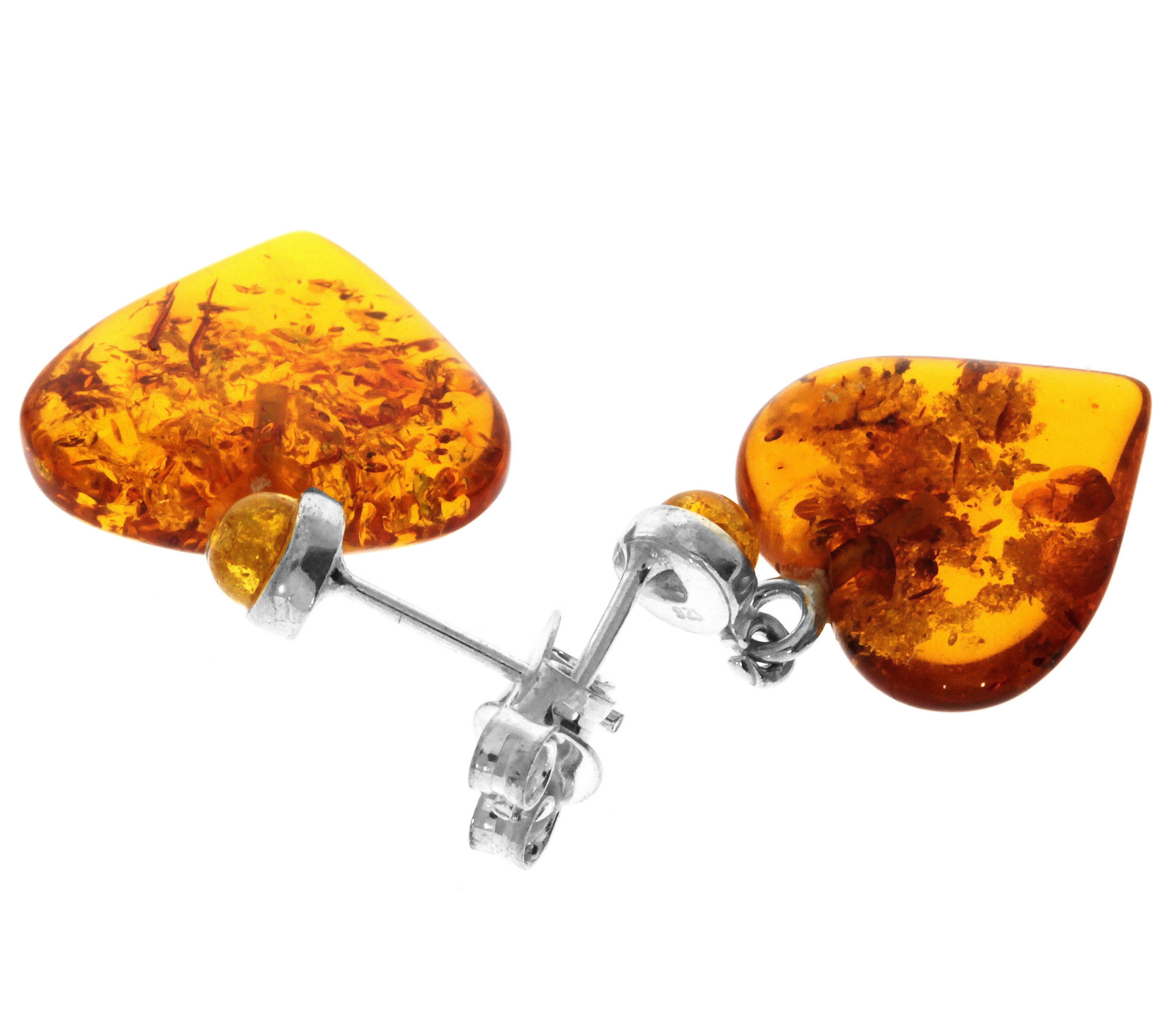 925 Sterling Silver & Genuine Baltic Amber Classic Hearts Drop Earrings - GU006