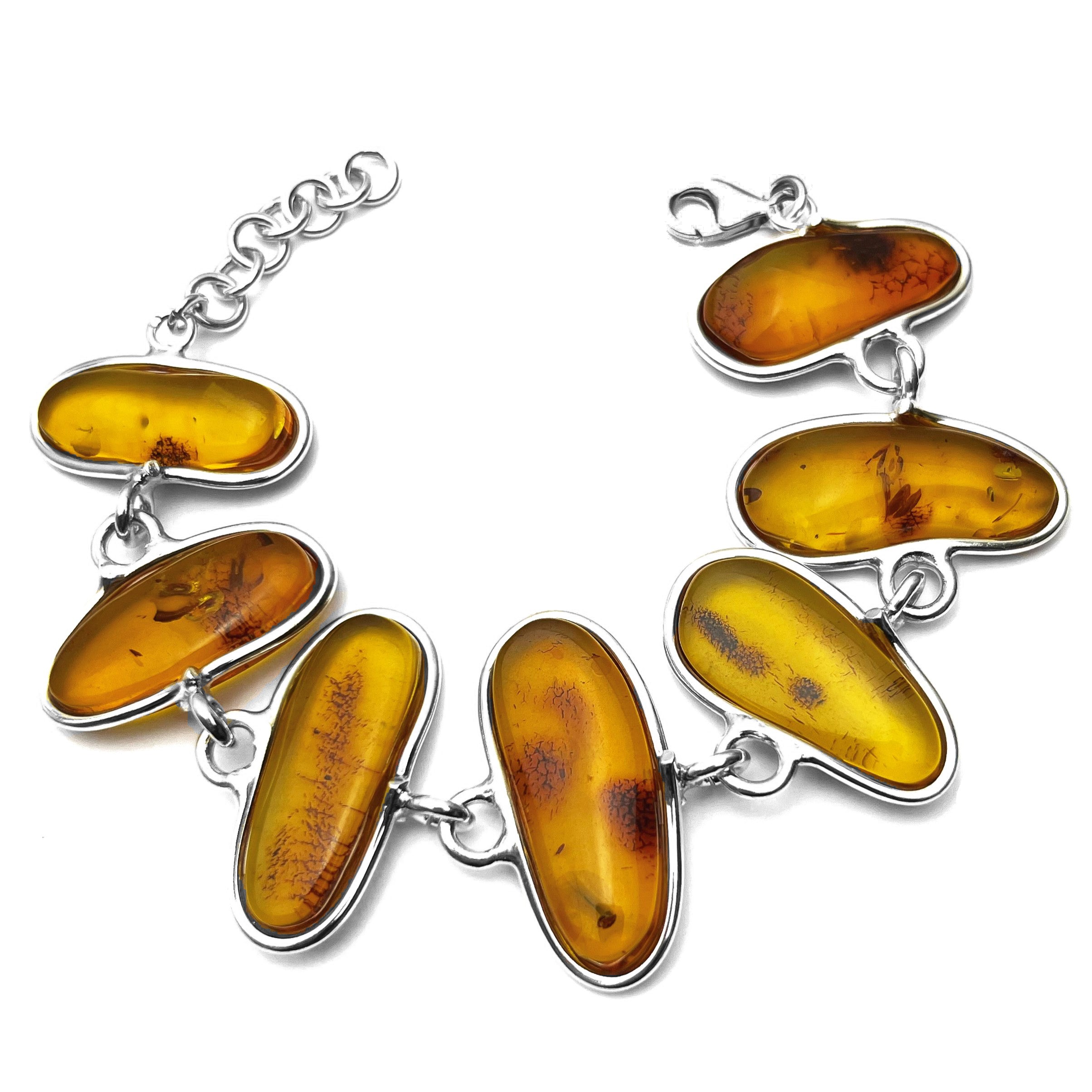 925 Sterling Silver & Genuine Cognac Baltic Amber Exclusive Link Bracelet with extender - BT176