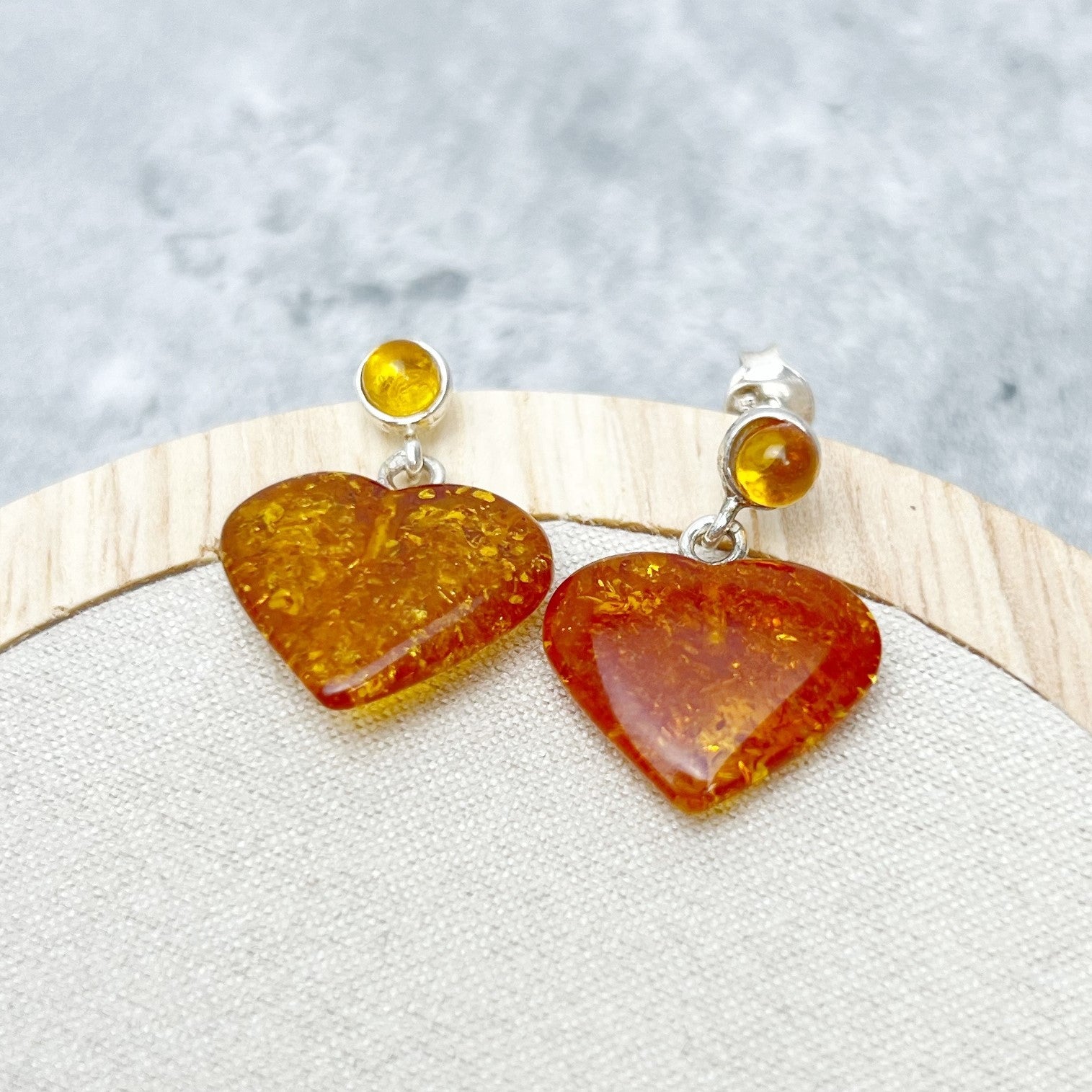 925 Sterling Silver & Genuine Baltic Amber Classic Hearts Drop Earrings - GU006