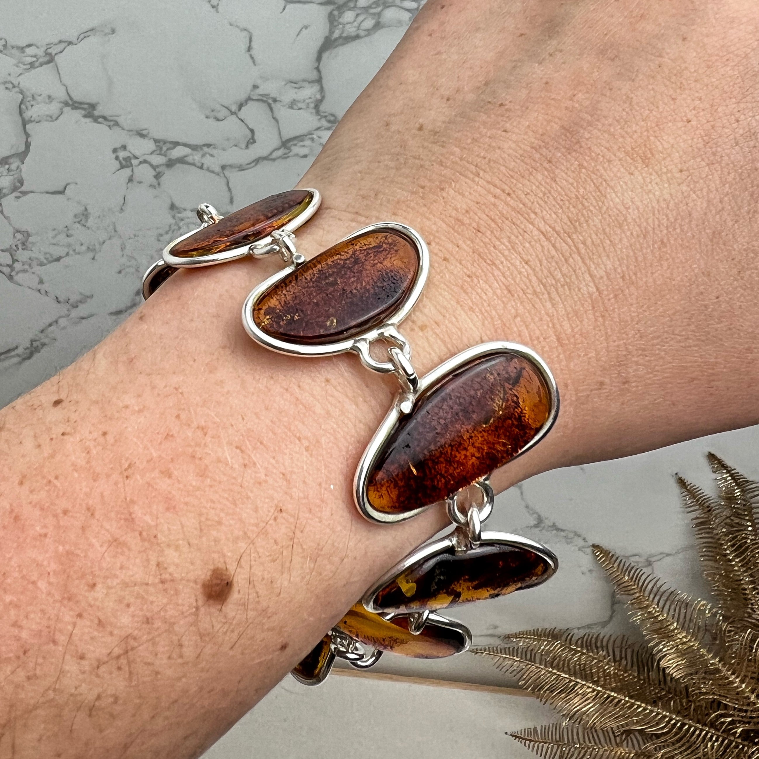 925 Sterling Silver & Genuine Cognac Baltic Amber Exclusive Link Bracelet with extender - BT177