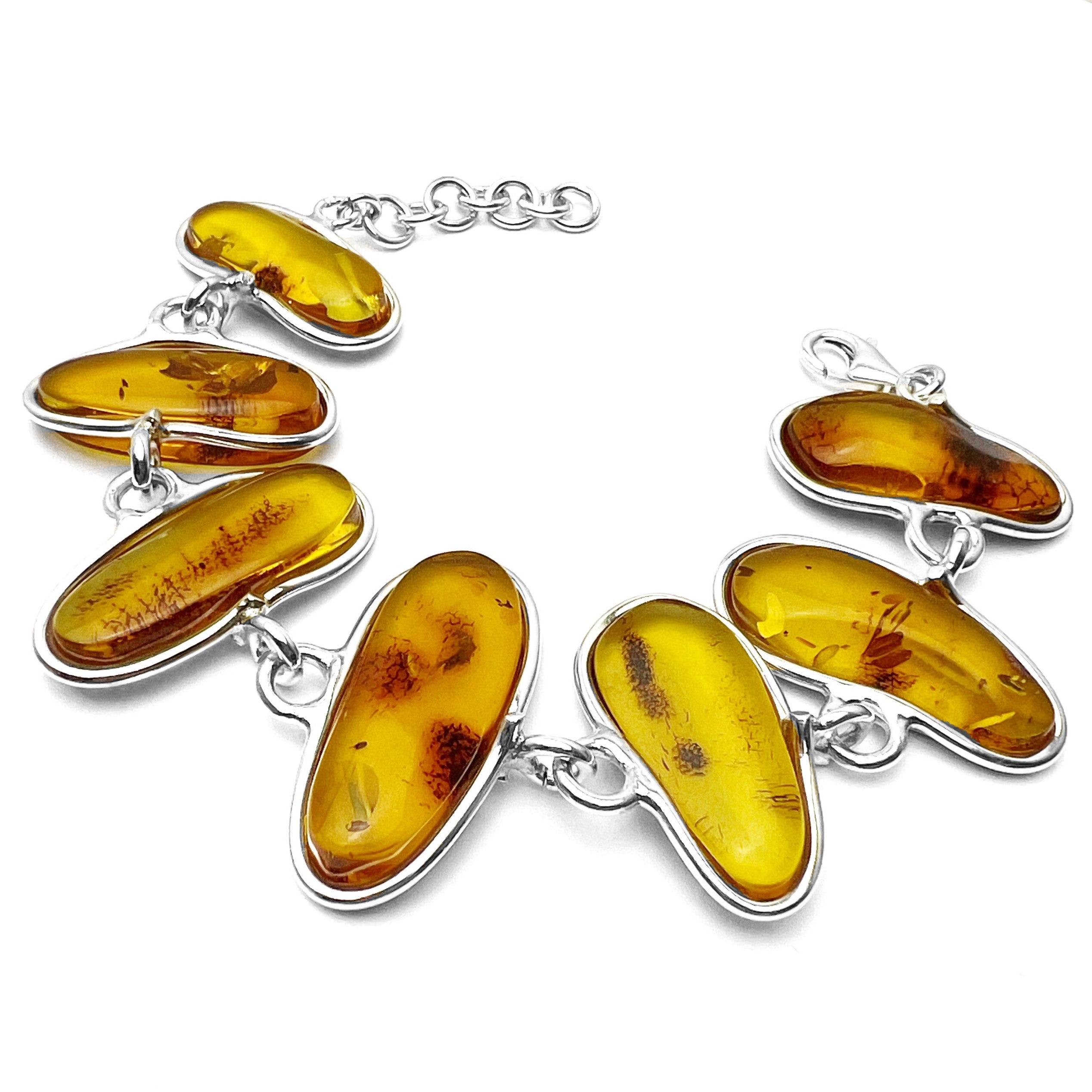 925 Sterling Silver & Genuine Cognac Baltic Amber Exclusive Link Bracelet with extender - BT176