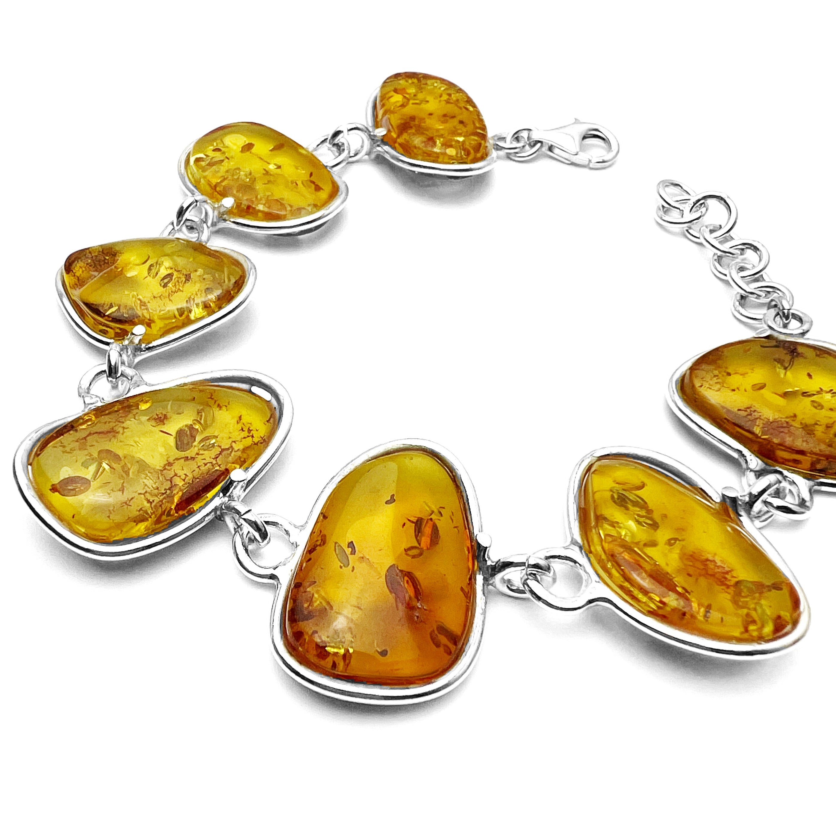 925 Sterling Silver & Genuine Cognac Baltic Amber Exclusive Link Bracelet with extender - BT178