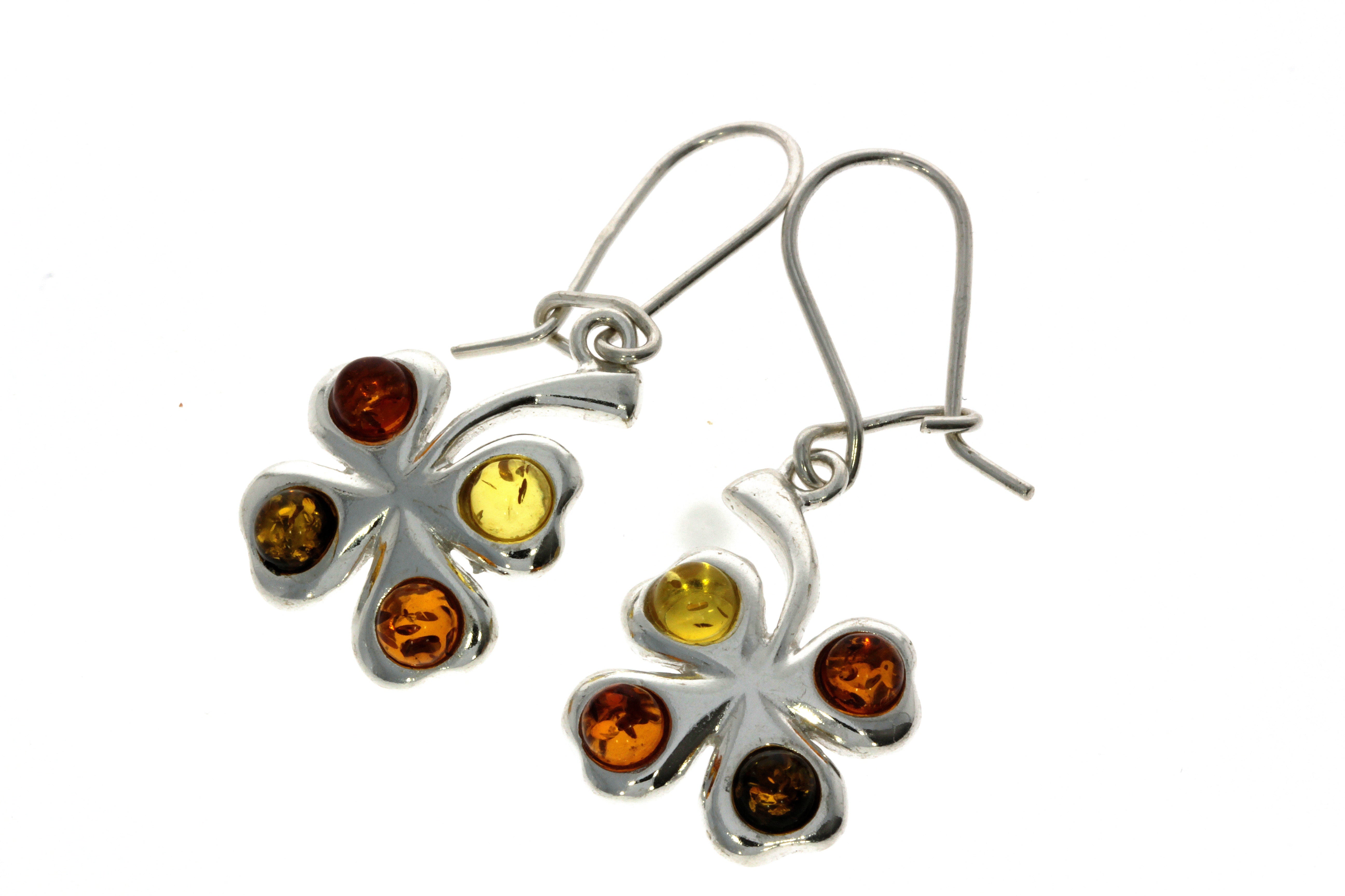 925 Sterling Silver & Baltic Amber Lucky Clover Drop Earrings G011