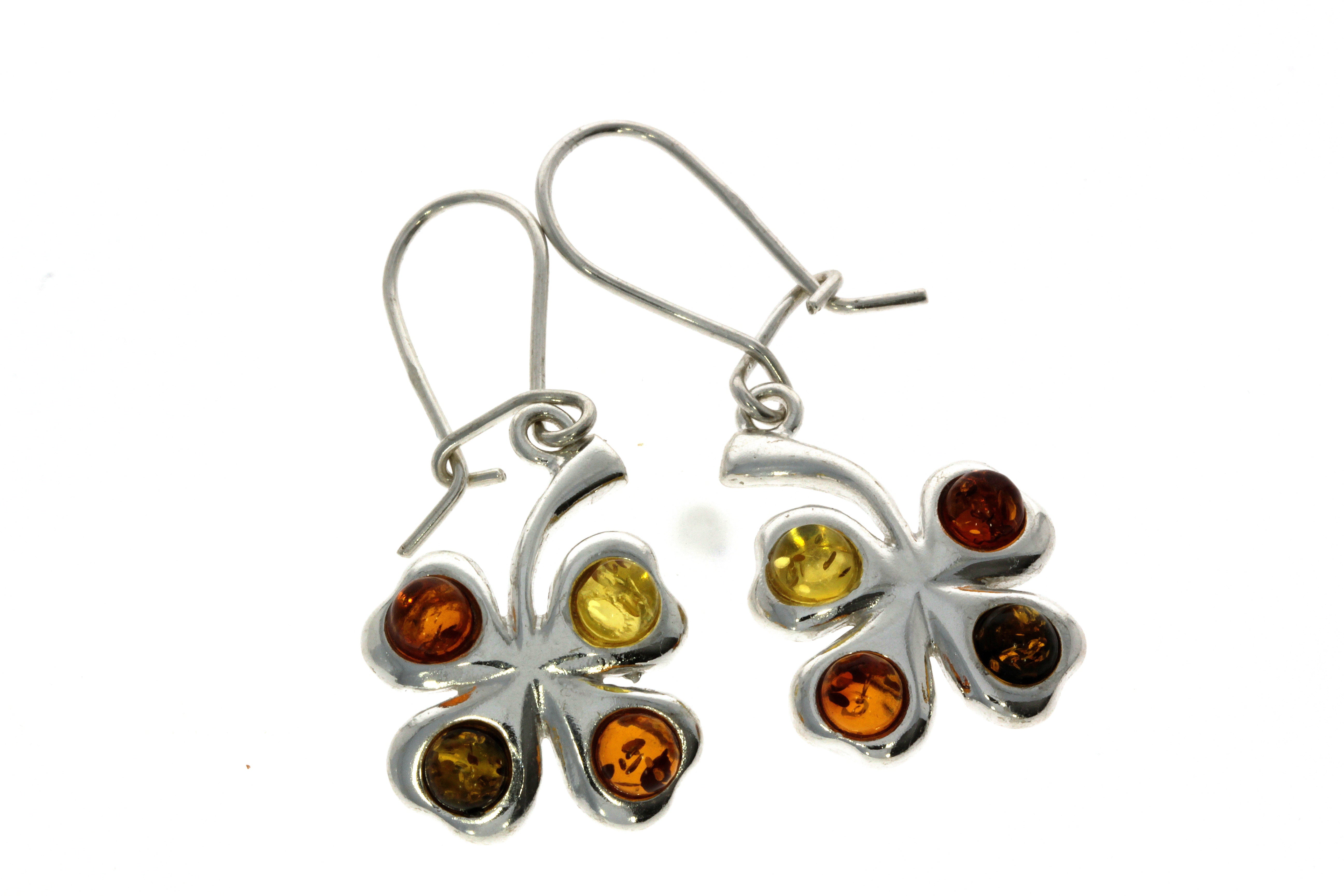 925 Sterling Silver & Baltic Amber Lucky Clover Drop Earrings G011