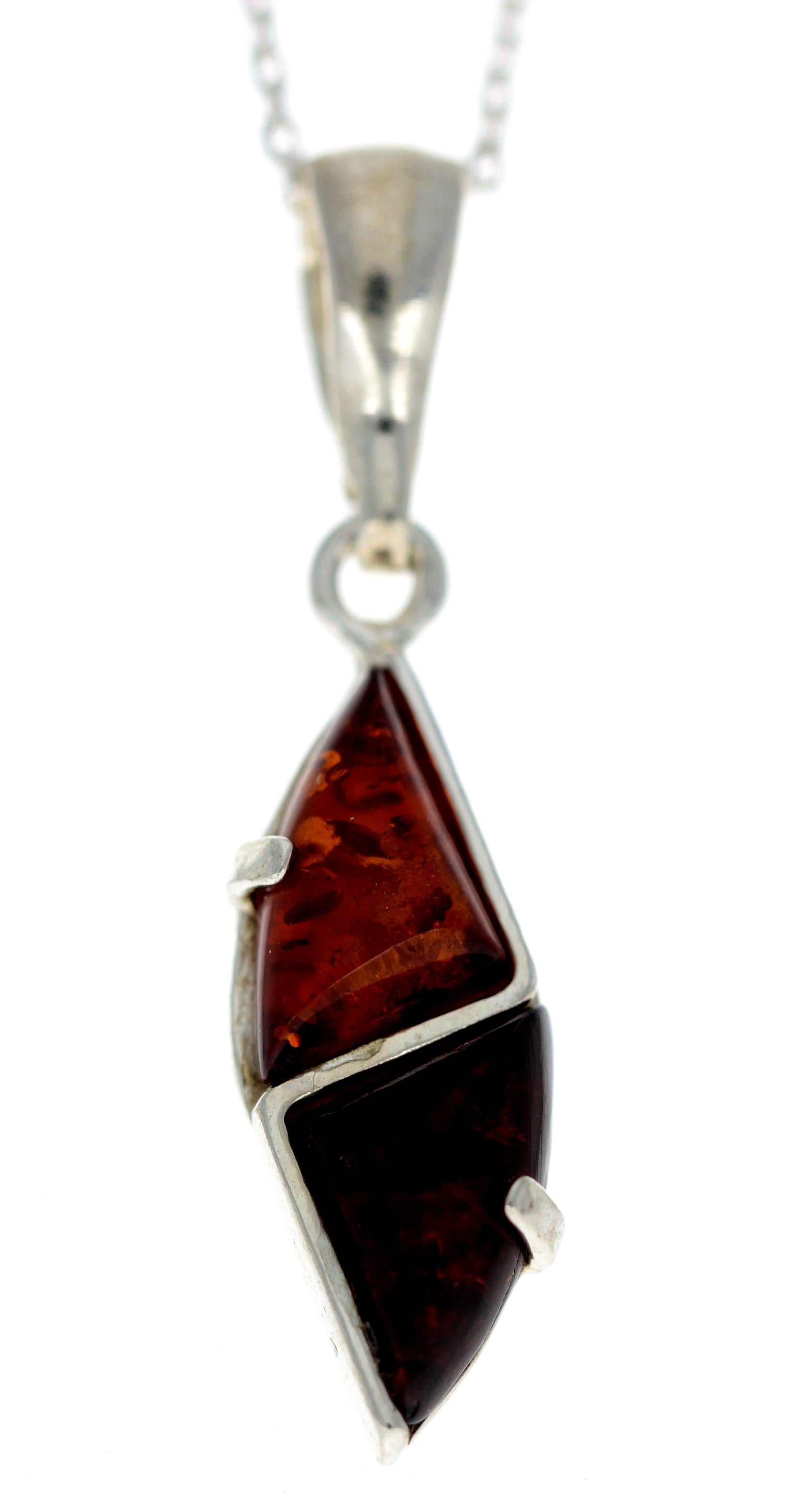 925 Sterling Silver & Genuine Baltic Amber Two Triangle Stones Pendant - G211