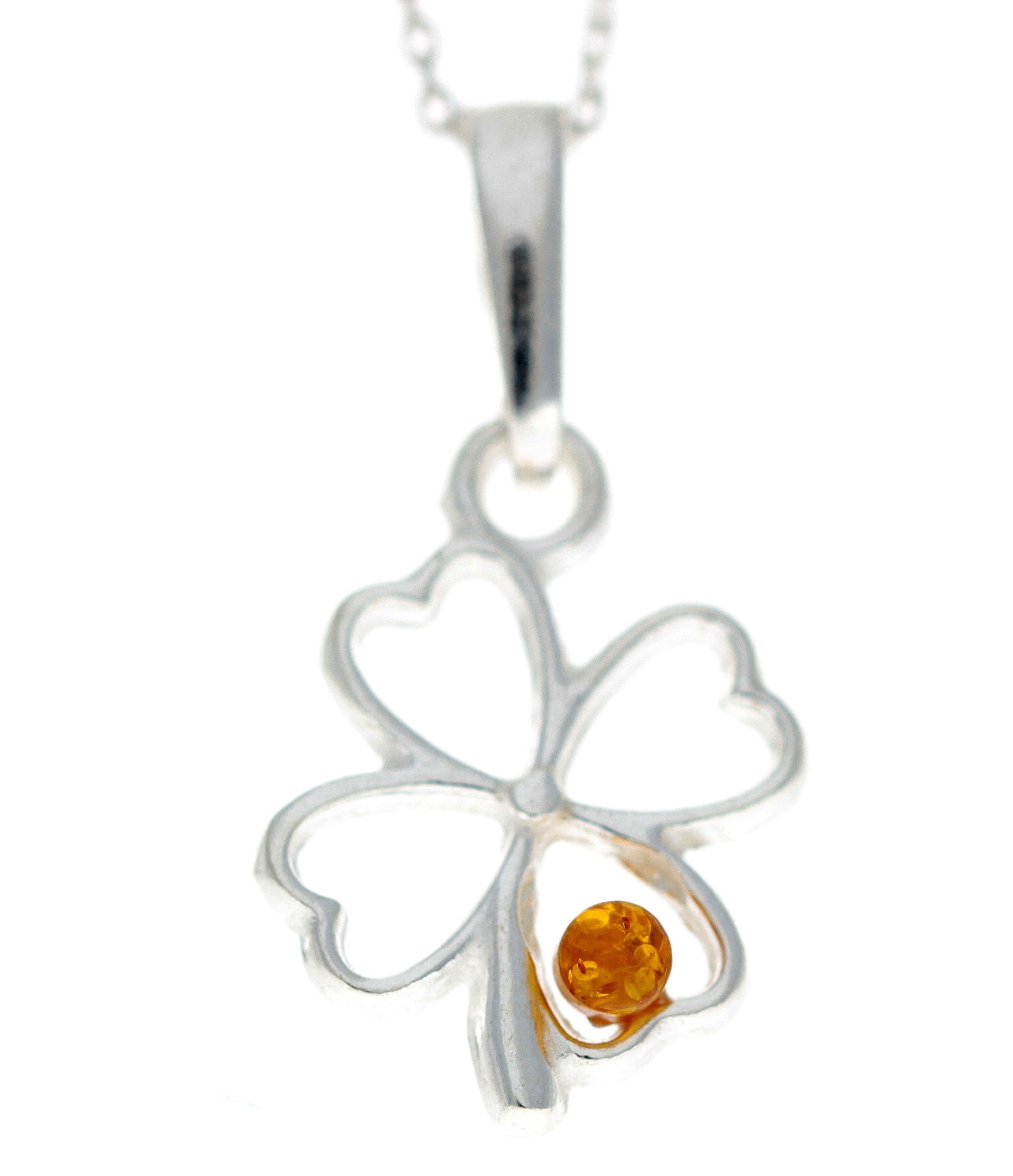 925 Sterling Silver & Genuine Baltic Amber Lucky Clover Pendant - G221