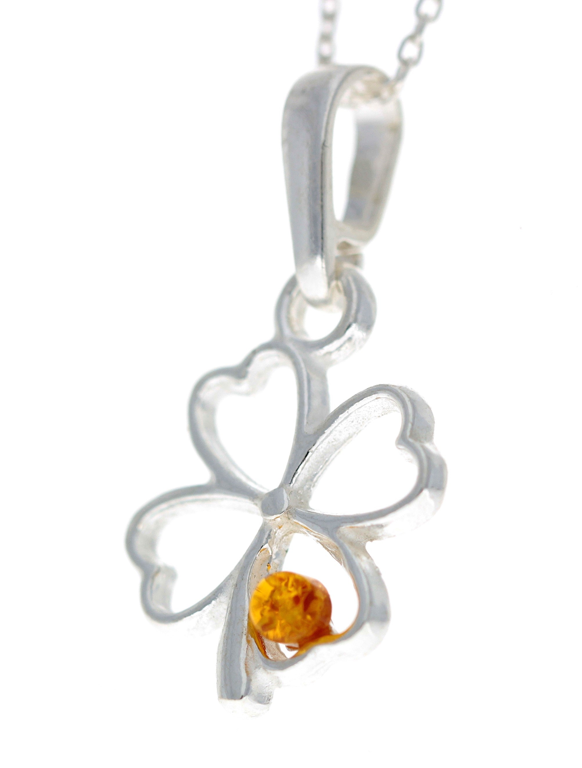 925 Sterling Silver & Genuine Baltic Amber Lucky Clover Pendant - G221