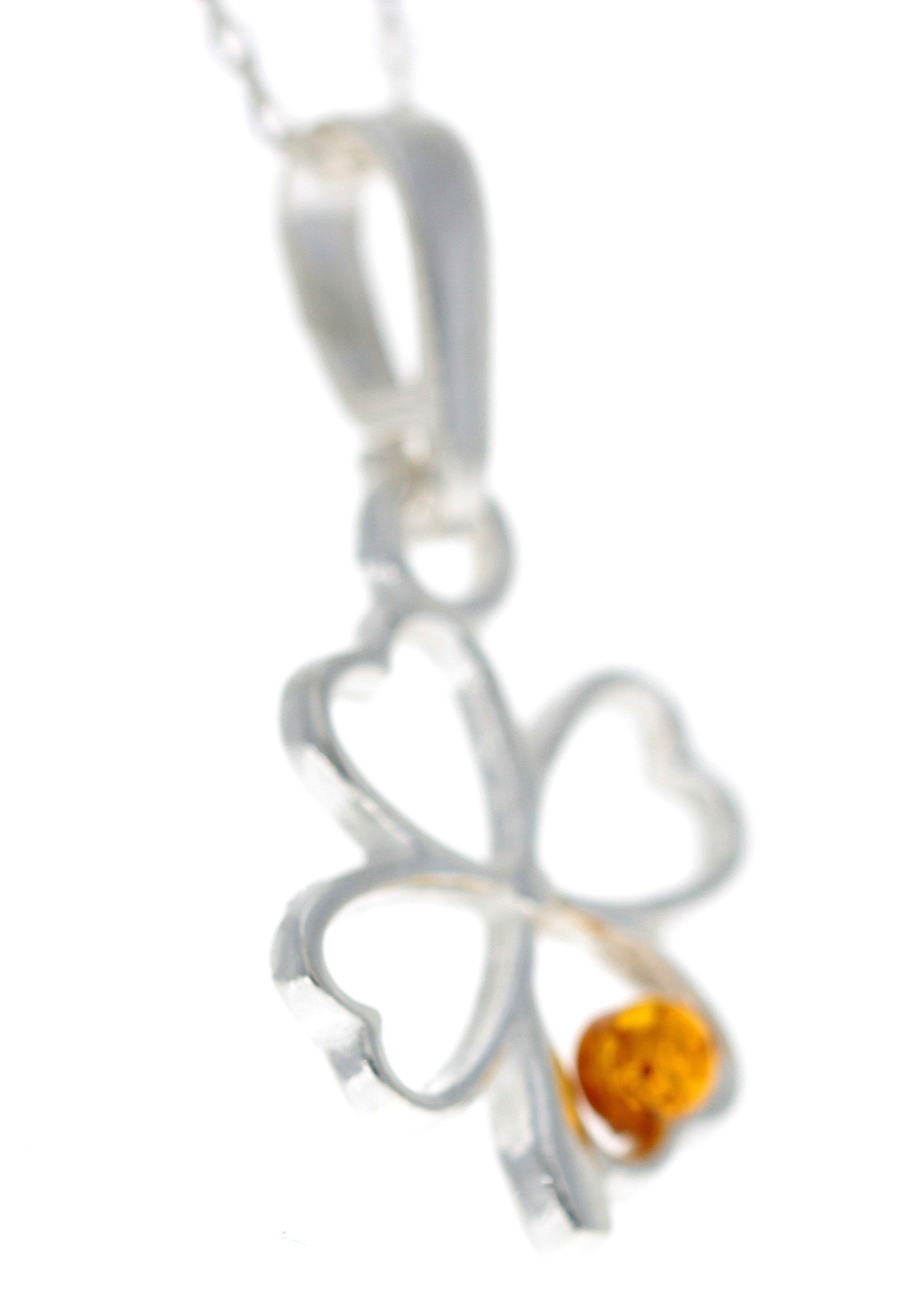 925 Sterling Silver & Genuine Baltic Amber Lucky Clover Pendant - G221