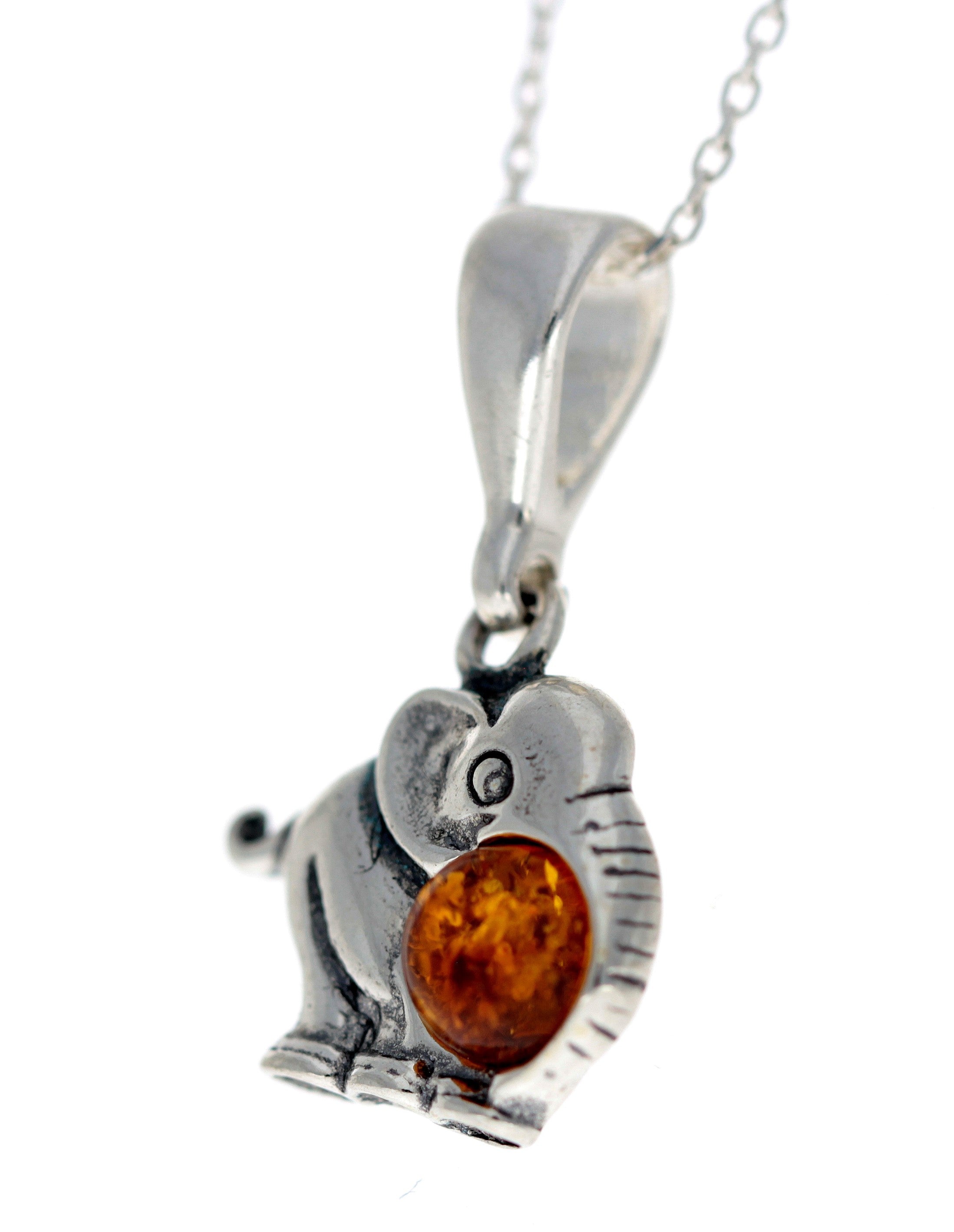 925 Sterling Silver & Genuine Baltic Amber Elephant Pendant - G225