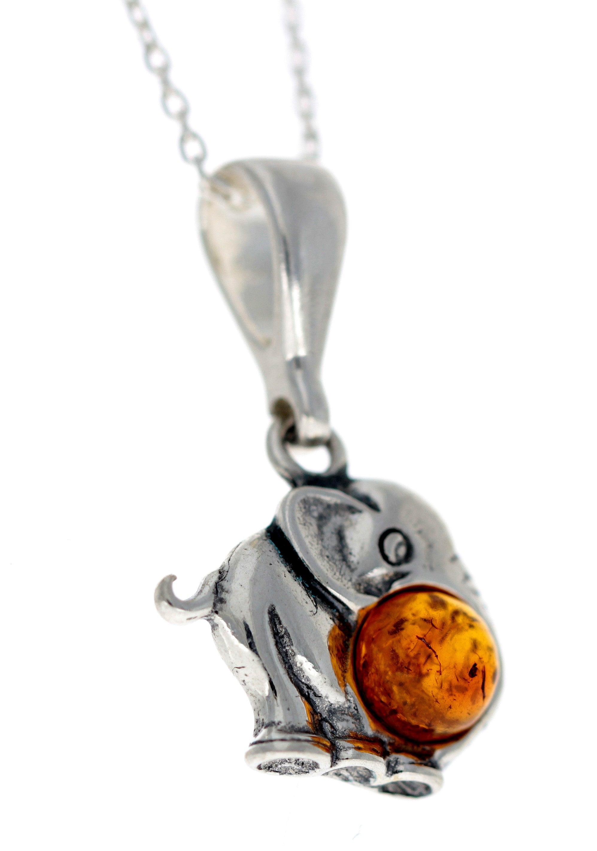 925 Sterling Silver & Genuine Baltic Amber Elephant Pendant - G225