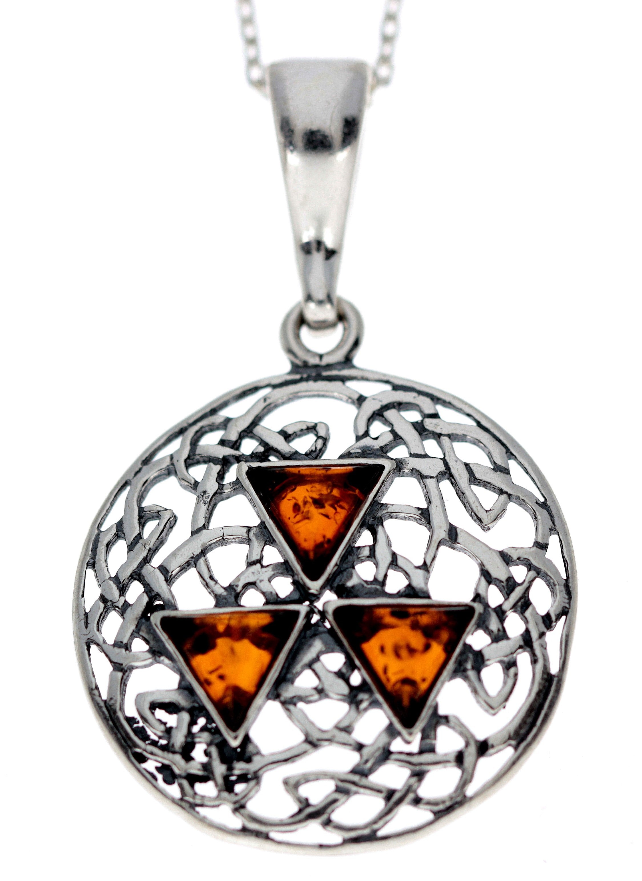 925 Sterling Silver & Genuine Baltic Amber Modern Medalion Pendant  G228