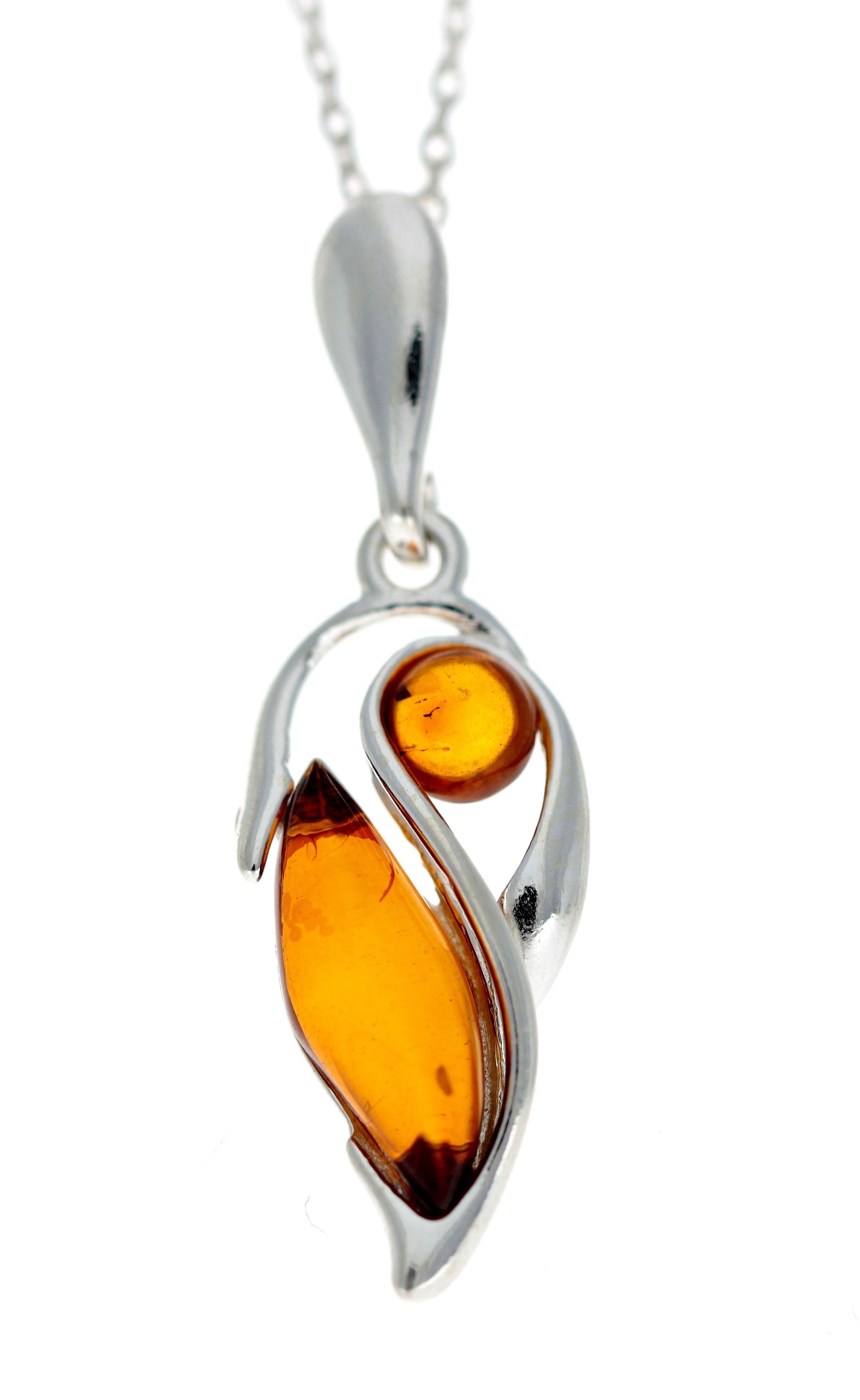 925 Sterling Silver & Genuine Baltic Amber 2 Stones Classic Pendant - G229