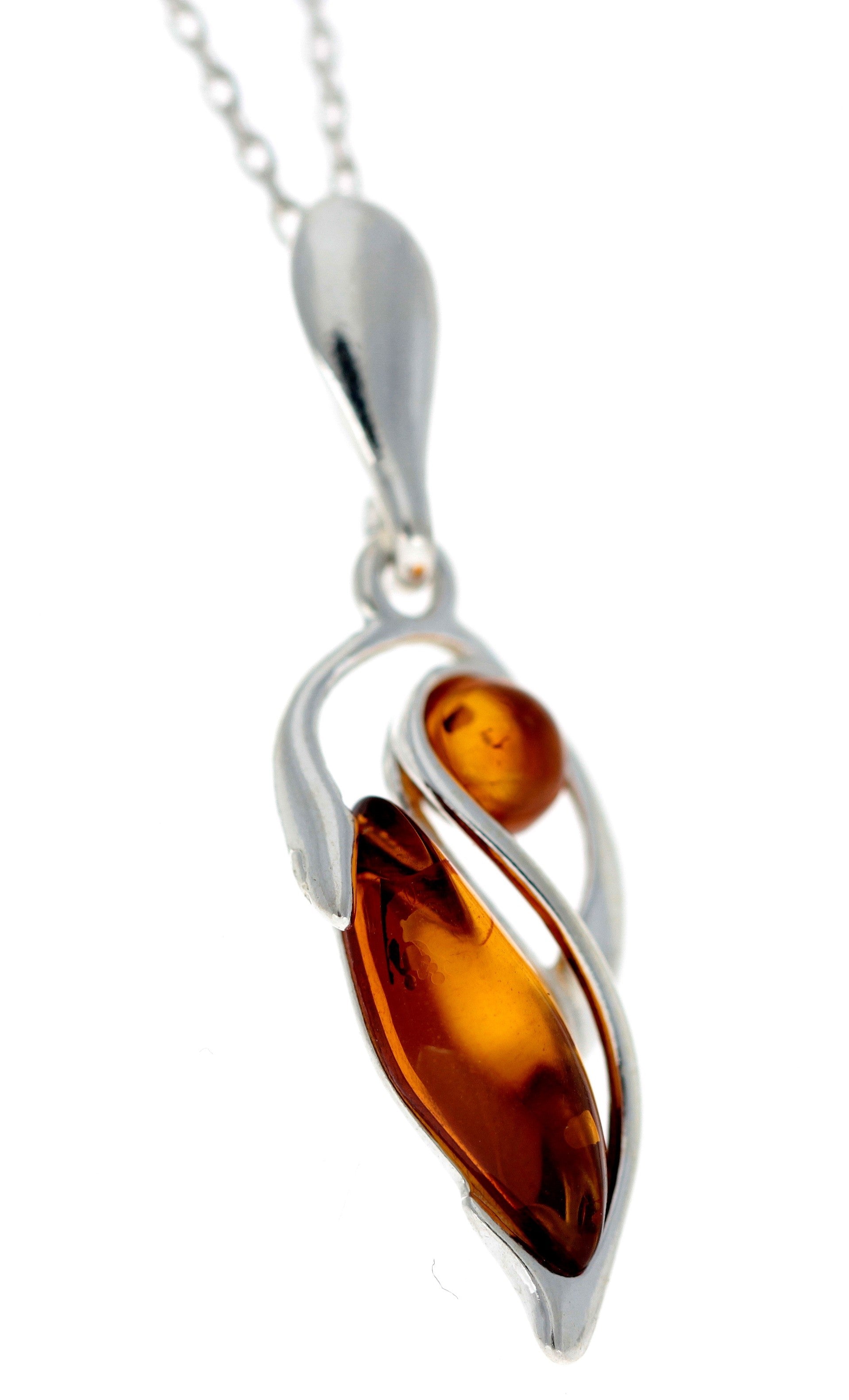 925 Sterling Silver & Genuine Baltic Amber 2 Stones Classic Pendant - G229