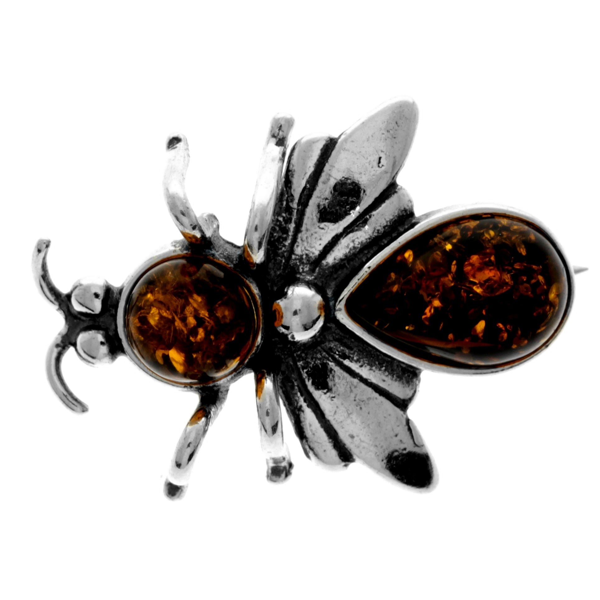 925 Sterling Silver & Genuine Baltic Amber Fly Brooch - G802