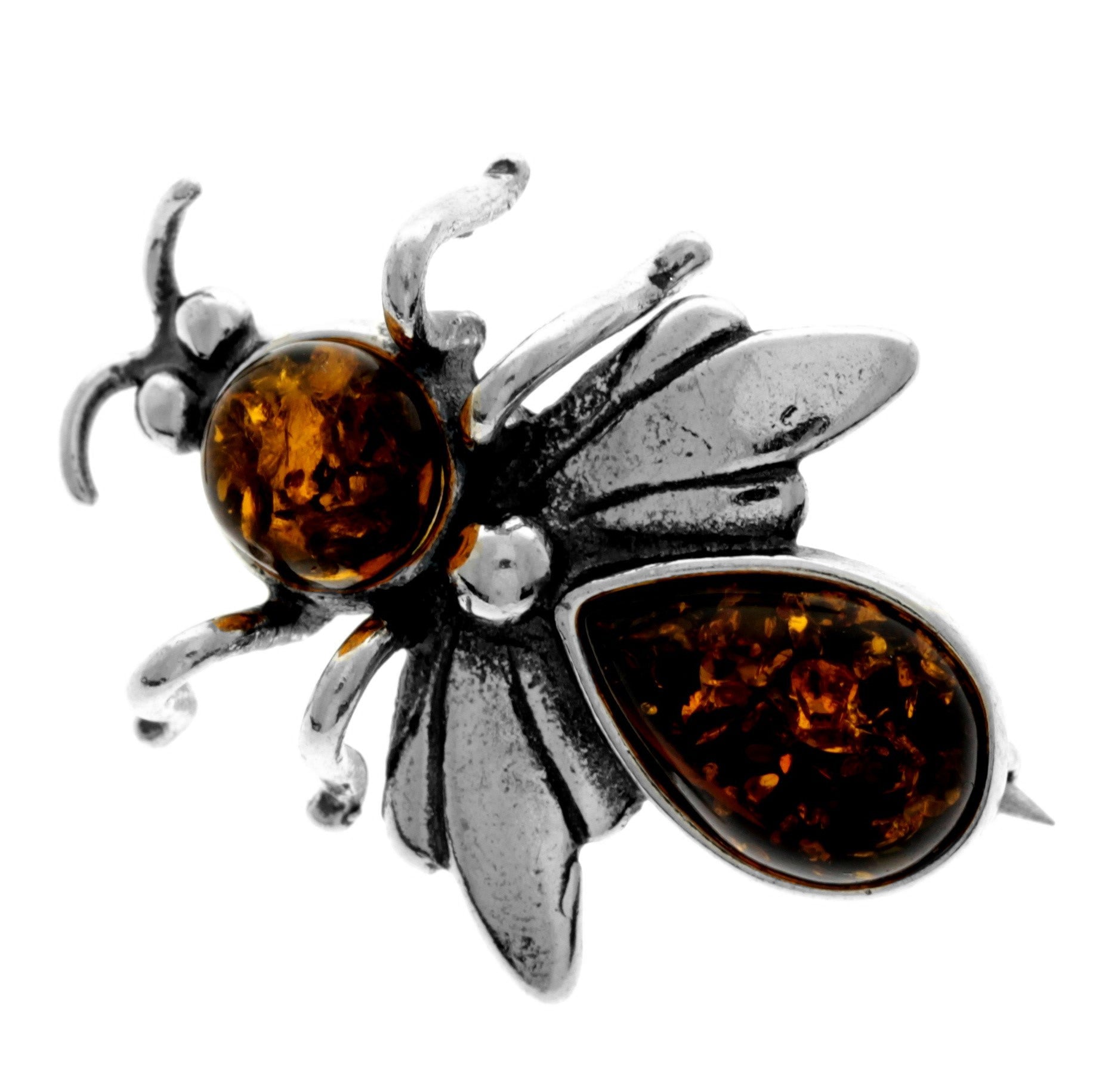 925 Sterling Silver & Genuine Baltic Amber Fly Brooch - G802