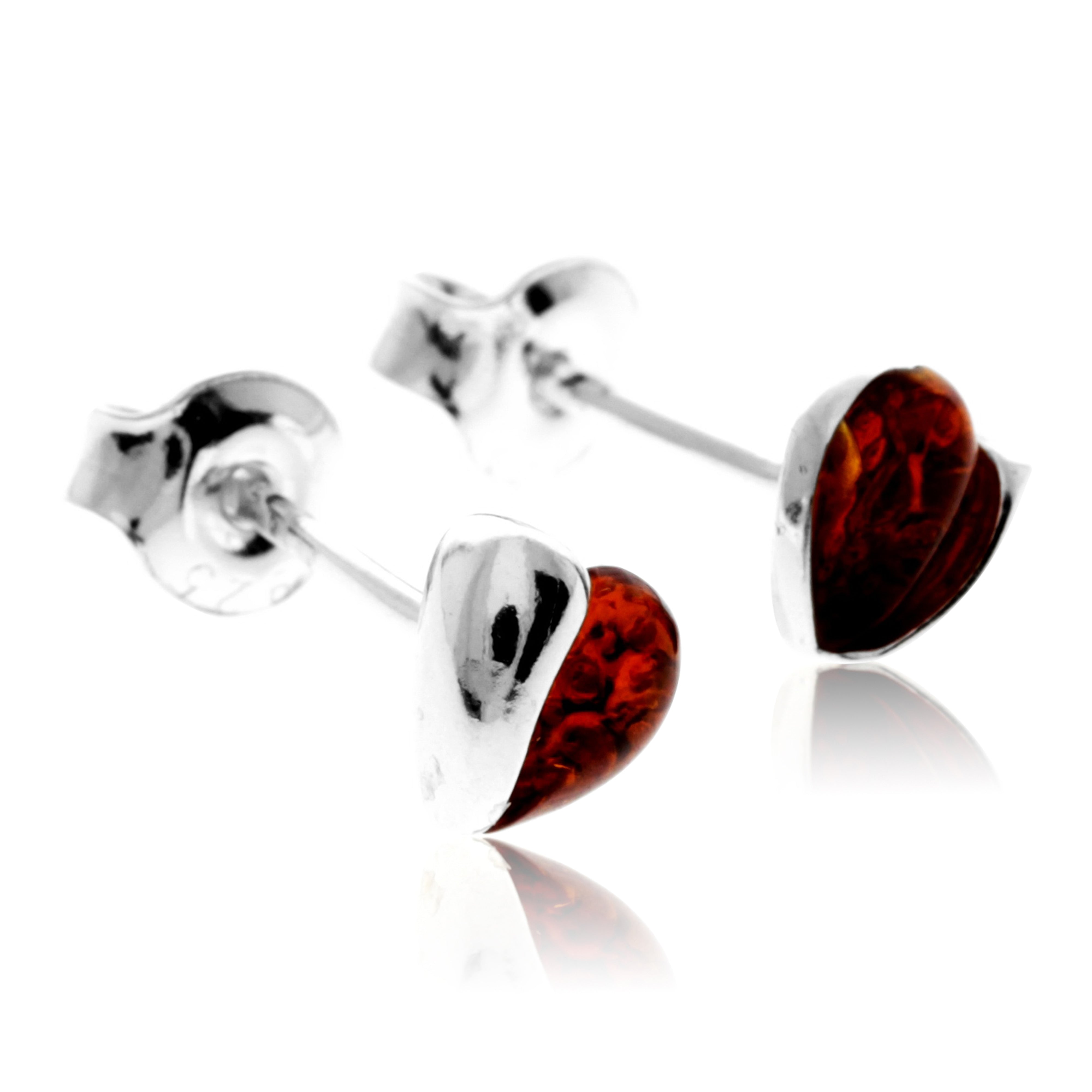 925 Sterling Silver & Genuine Baltic Amber Small Hearts Studs Earrings - GL011