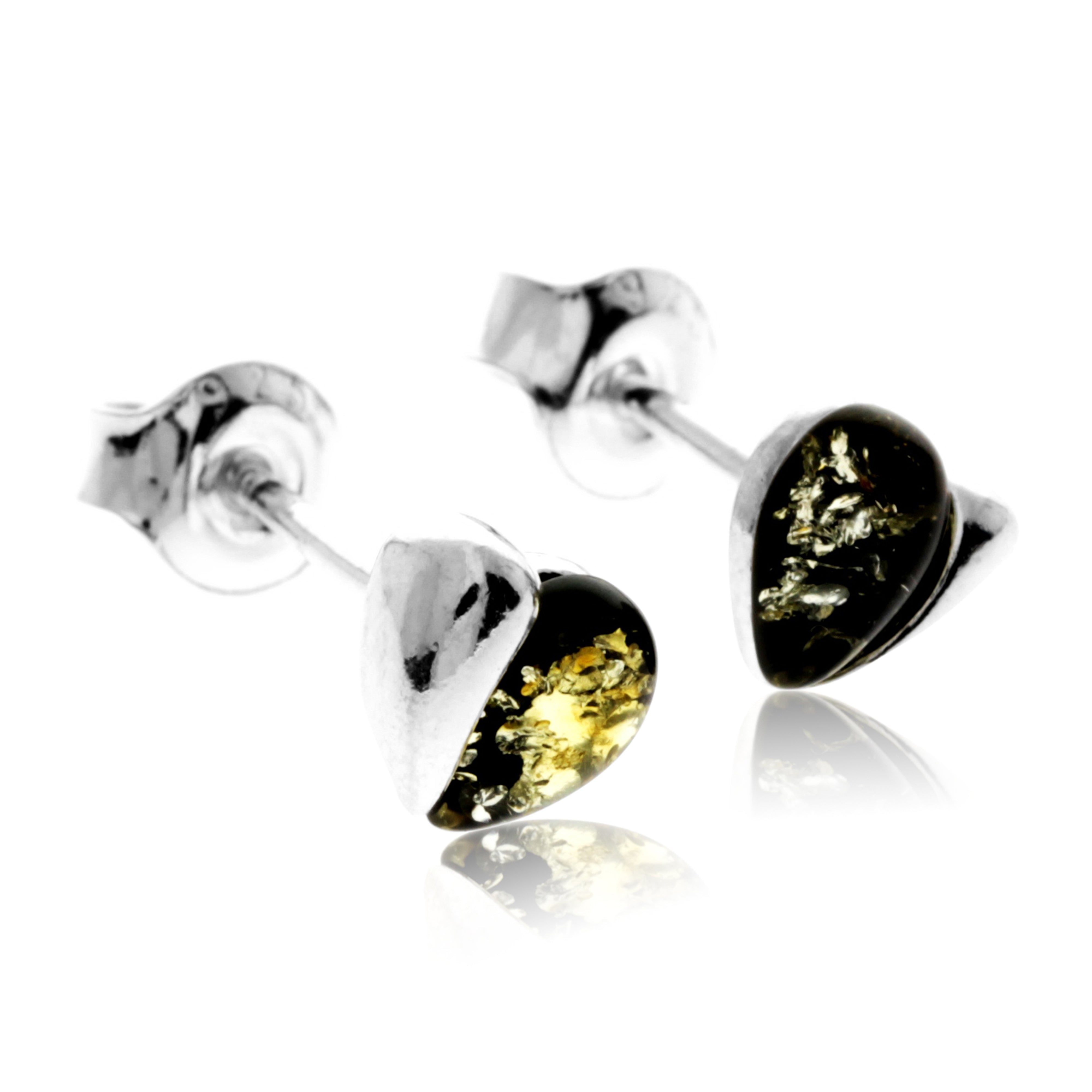 925 Sterling Silver & Genuine Baltic Amber Small Hearts Studs Earrings - GL011