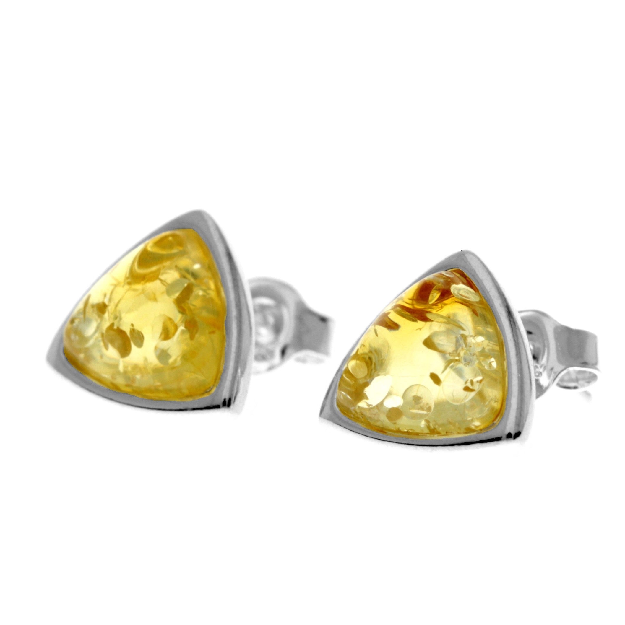 925 Sterling Silver & Genuine Baltic Amber Triangle Modern Studs Earrings - GL031