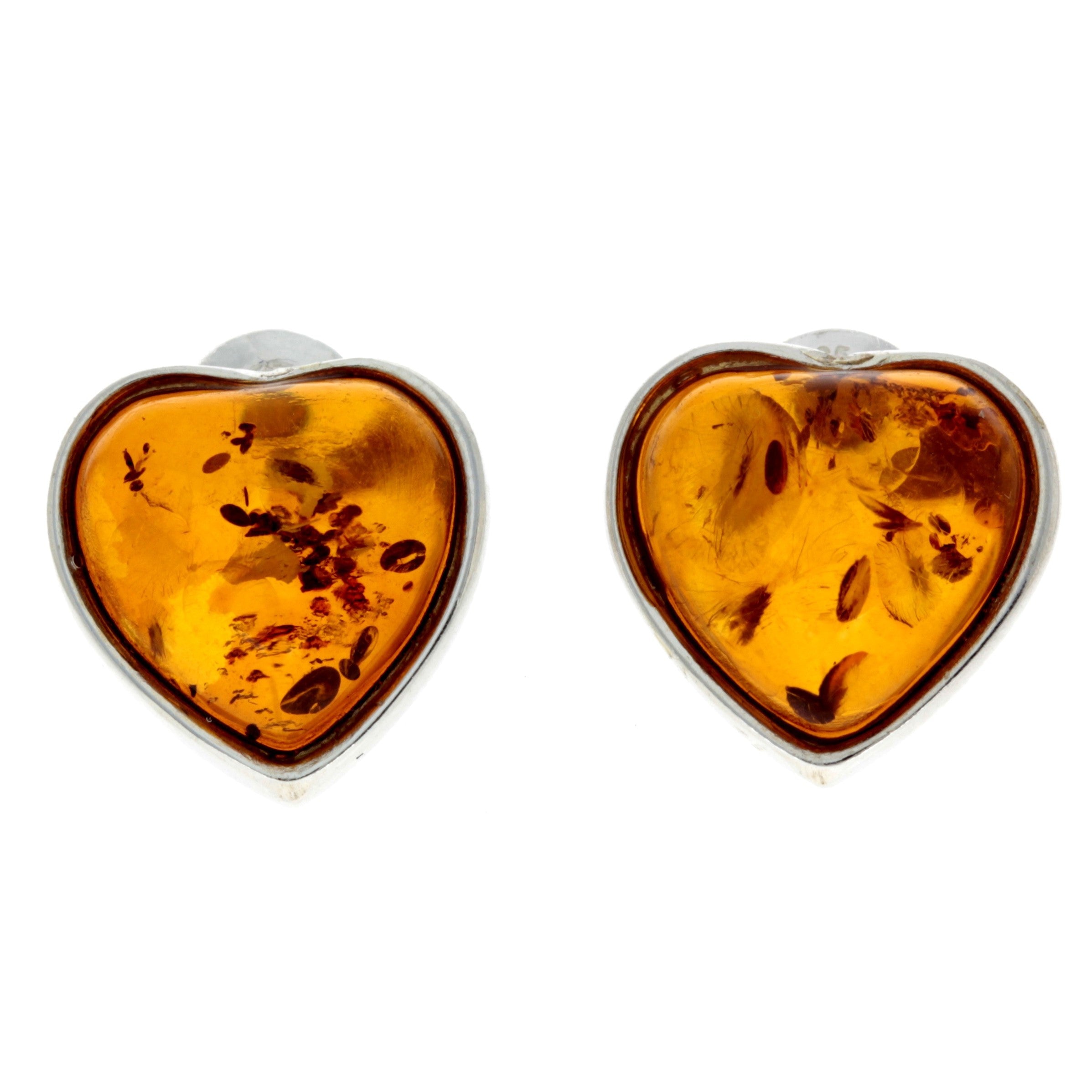 925 Sterling Silver & Genuine Baltic Amber Classic Heart Studs Earrings - GL040