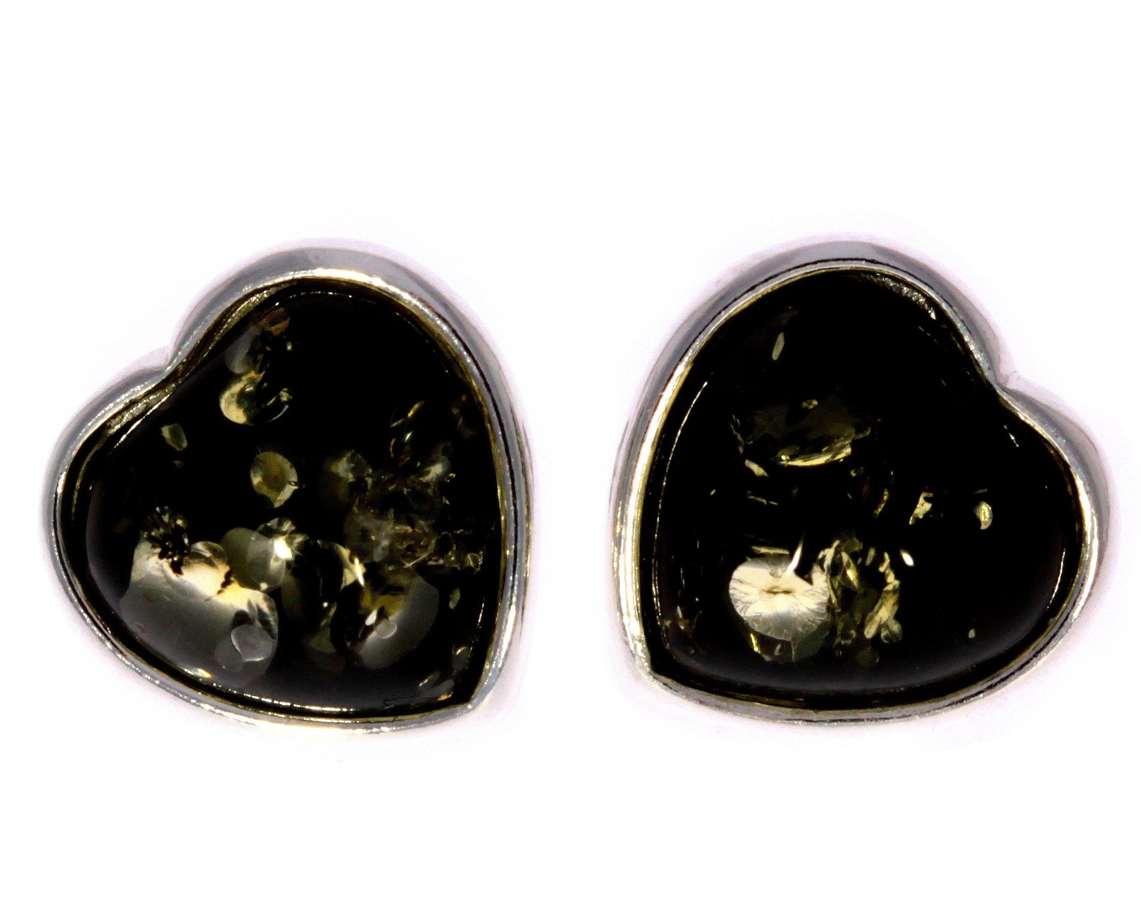 925 Sterling Silver & Genuine Baltic Amber Classic Heart Studs Earrings - GL040