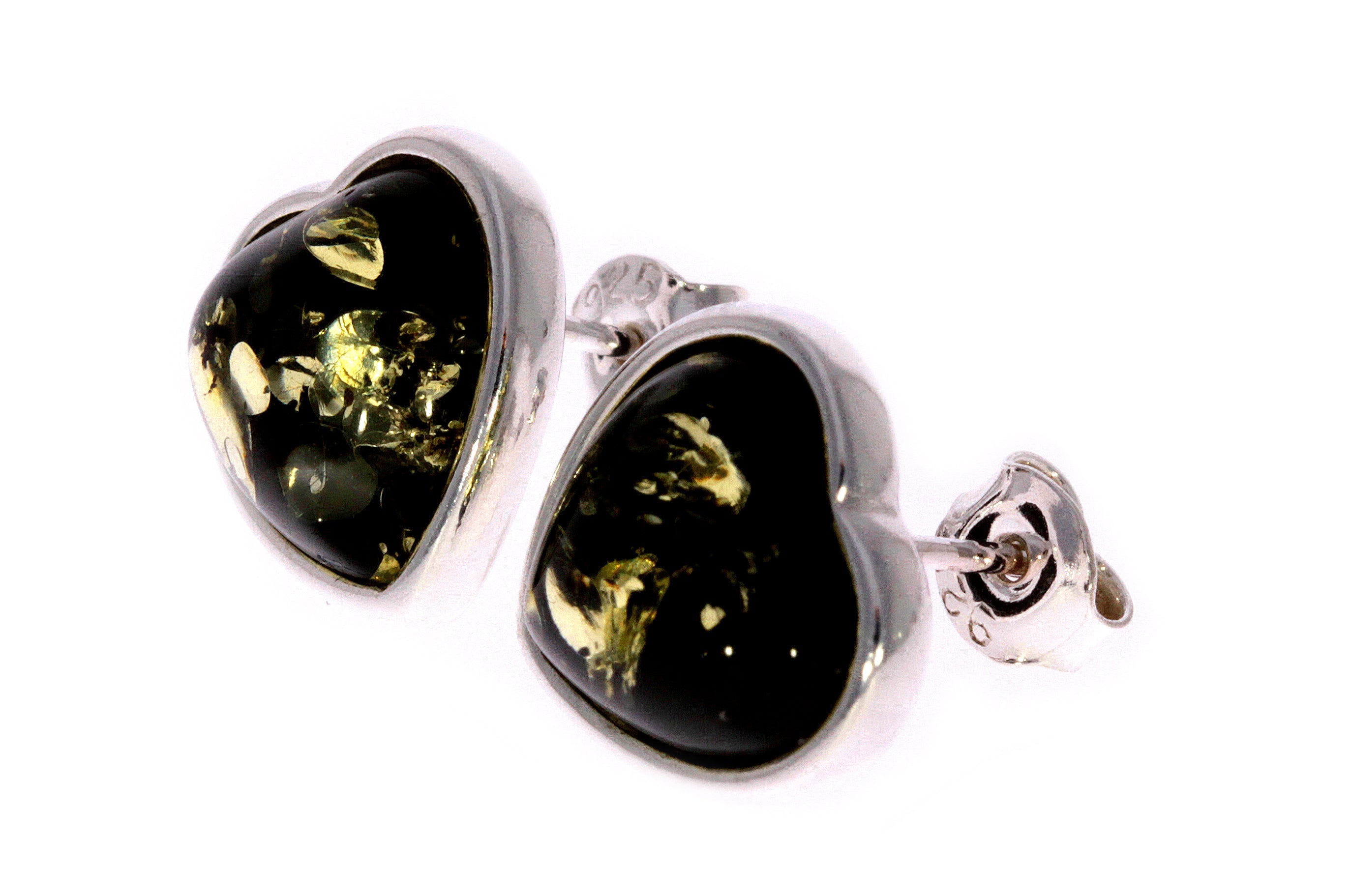 925 Sterling Silver & Genuine Baltic Amber Classic Heart Studs Earrings - GL040