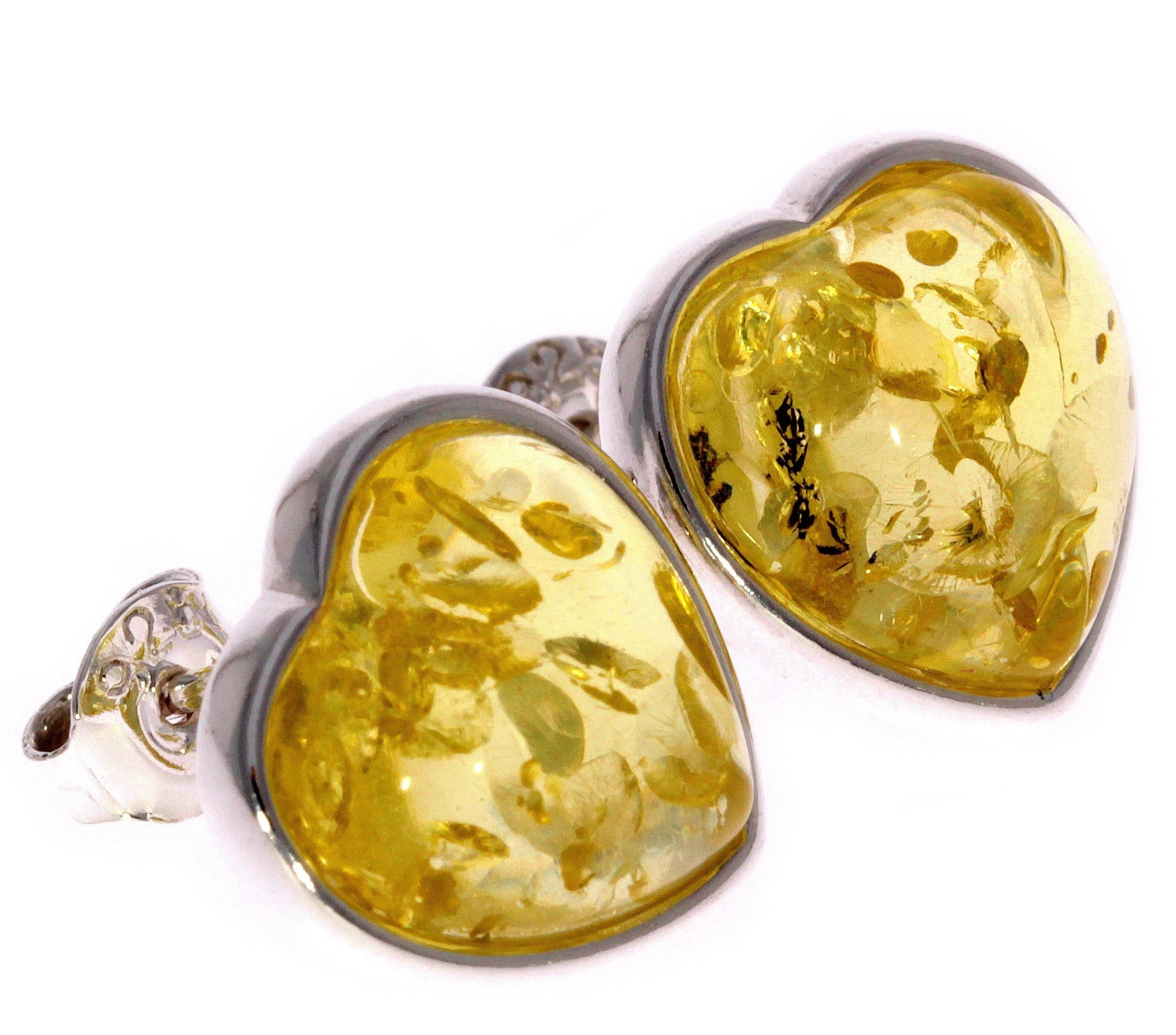 925 Sterling Silver & Genuine Baltic Amber Classic Heart Studs Earrings - GL040