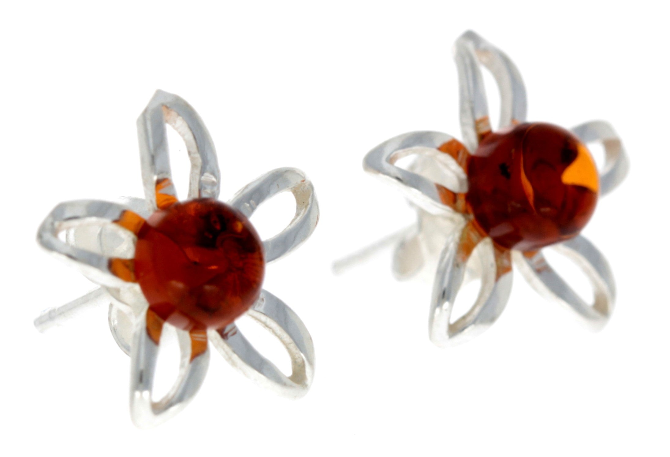 925 Sterling Silver & Genuine Baltic Amber Classic Stars Flowers Studs Earrings - GL075