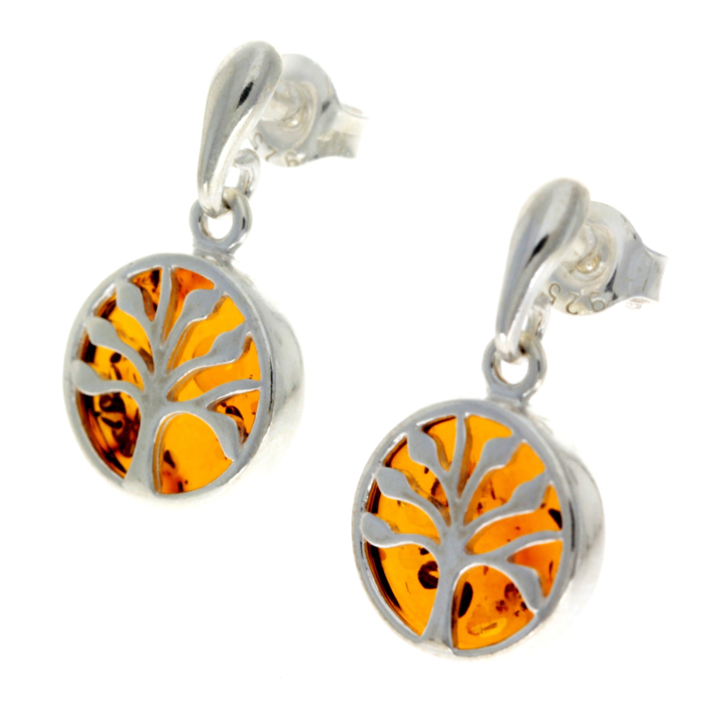 925 Sterling Silver & Genuine Baltic Amber Tree of Life Drop Studs Earrings - GL1004