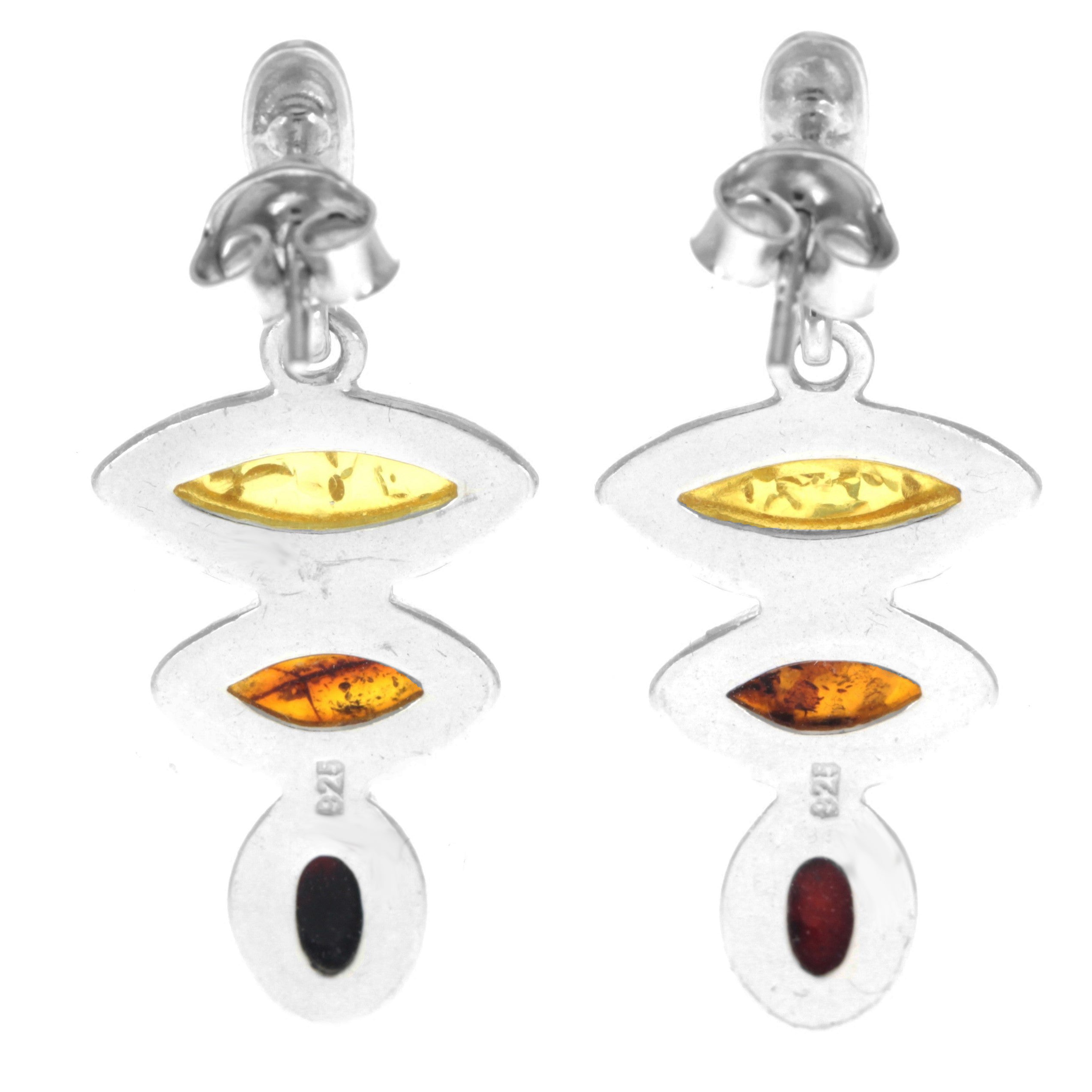 925 Sterling Silver & Genuine Baltic Amber 3 Stone Modern Drop Earrings - GL1007M