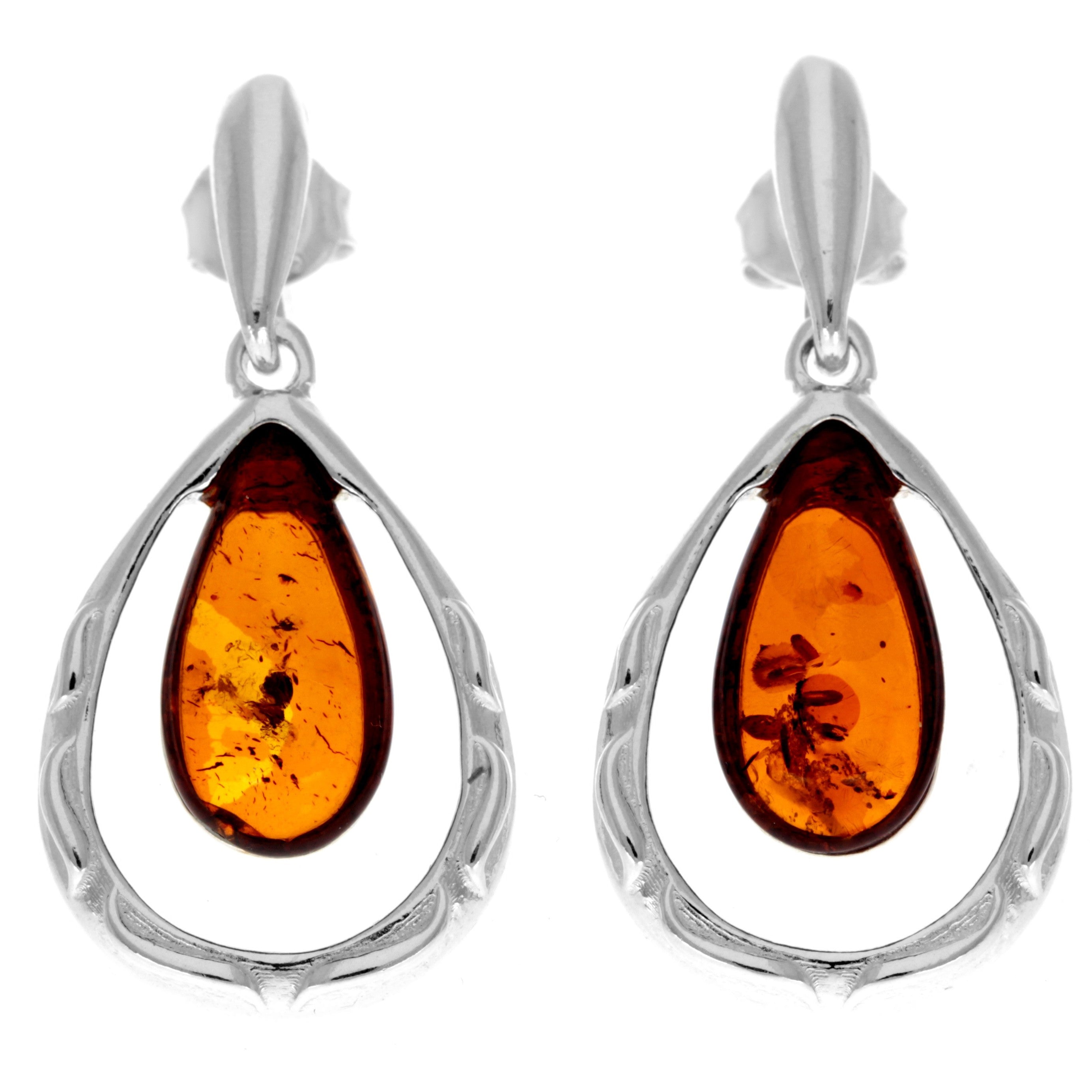 925 Sterling Silver & Genuine Baltic Amber Teardrop Modern Drop Earrings - GL1008