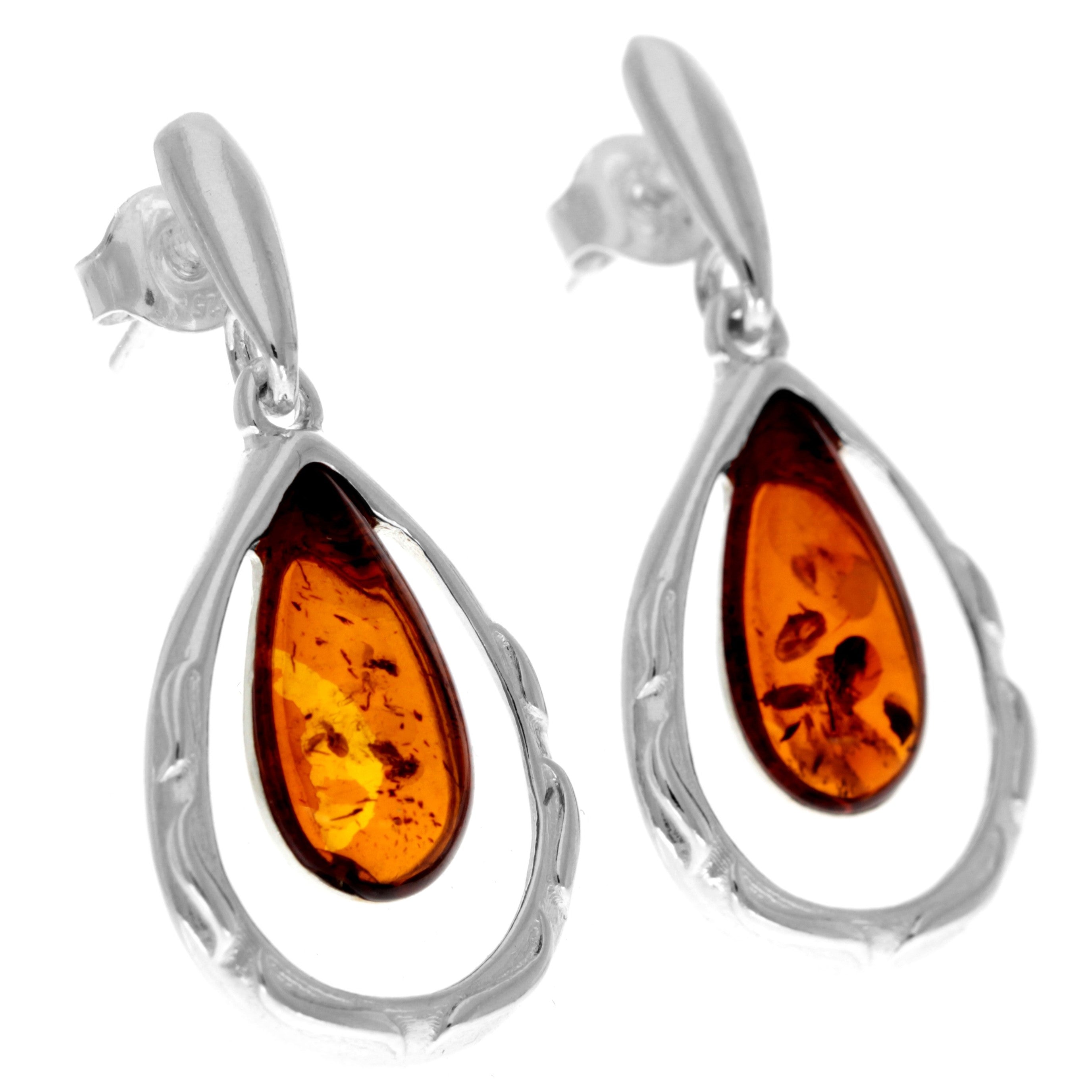 925 Sterling Silver & Genuine Baltic Amber Teardrop Modern Drop Earrings - GL1008