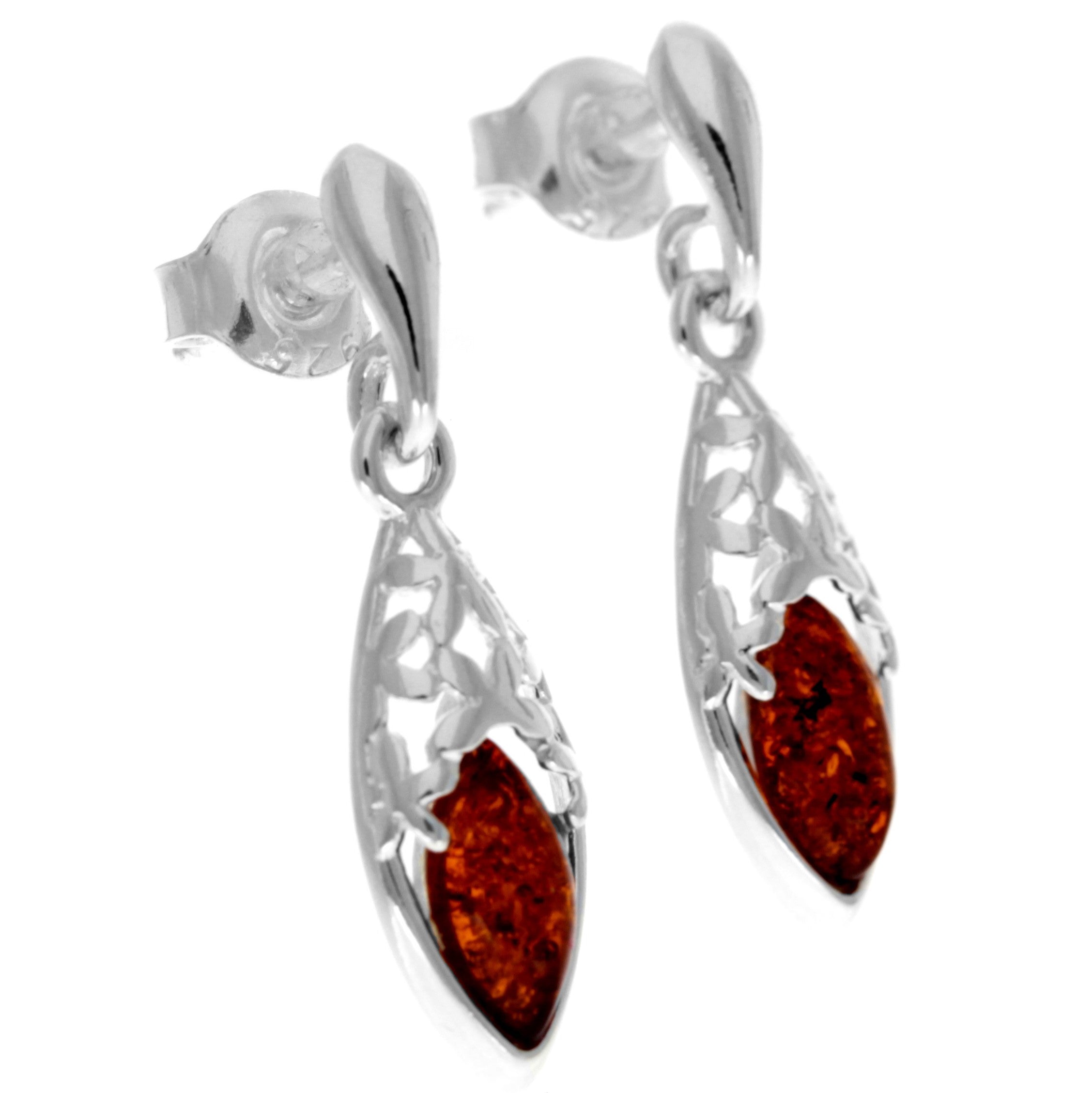 925 Sterling Silver & Genuine Baltic Amber Classic Drop Earrings - GL1013