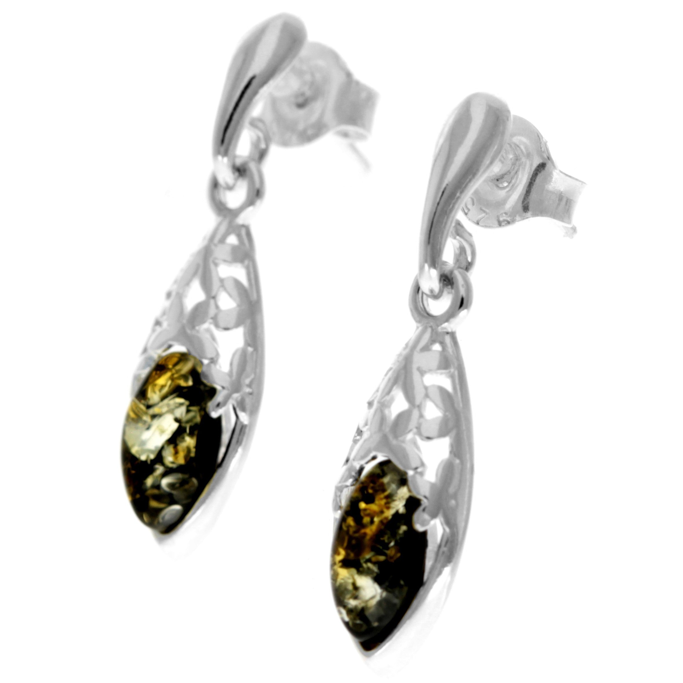 925 Sterling Silver & Genuine Baltic Amber Classic Drop Earrings - GL1013