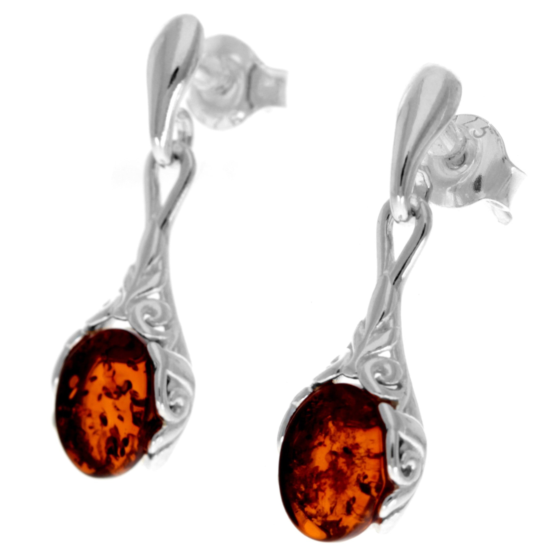 925 Sterling Silver & Genuine Baltic Amber Celtic Drop Earrings - GL1014