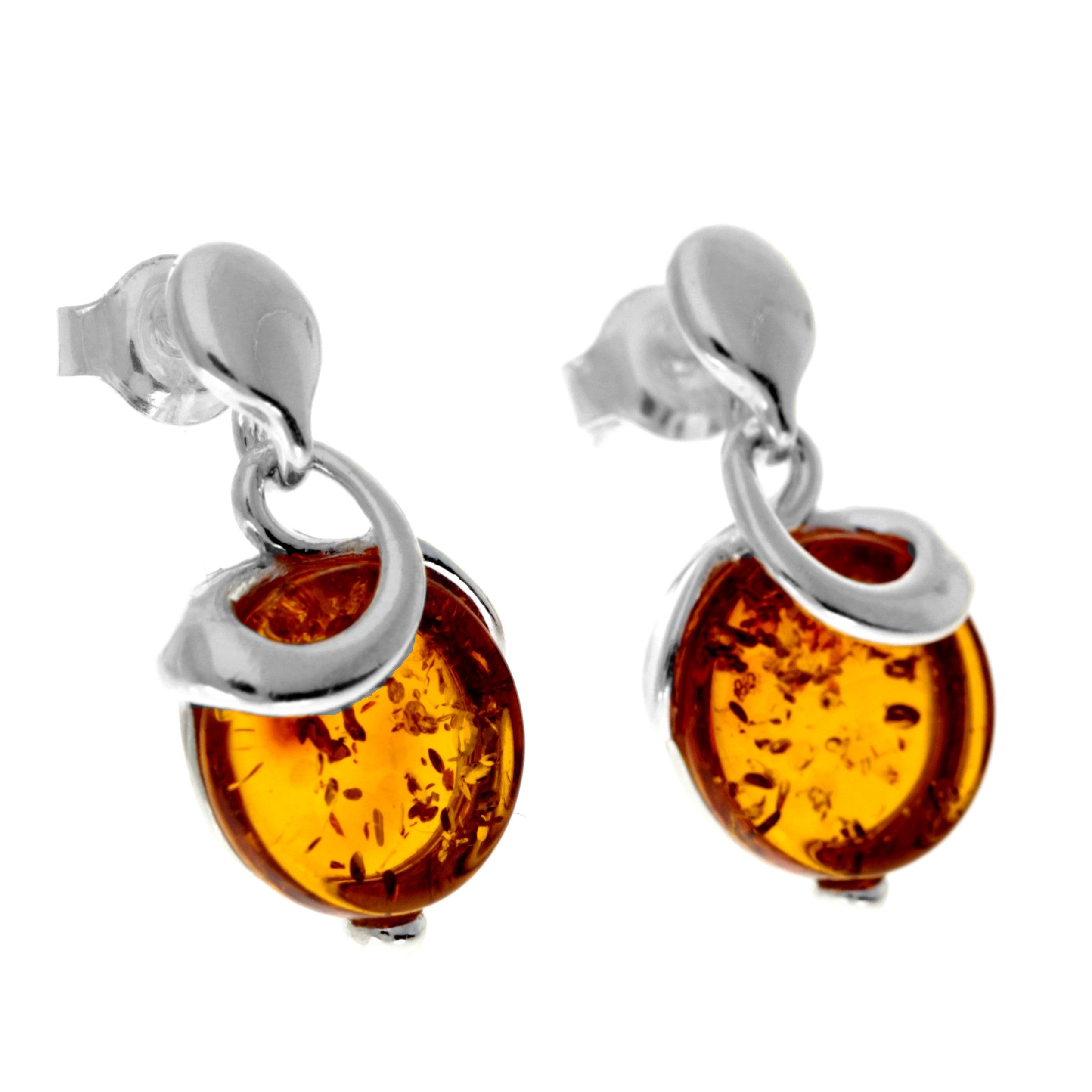 925 Sterling Silver & Genuine Baltic Amber Modern Studs Dangling Earrings - GL1019