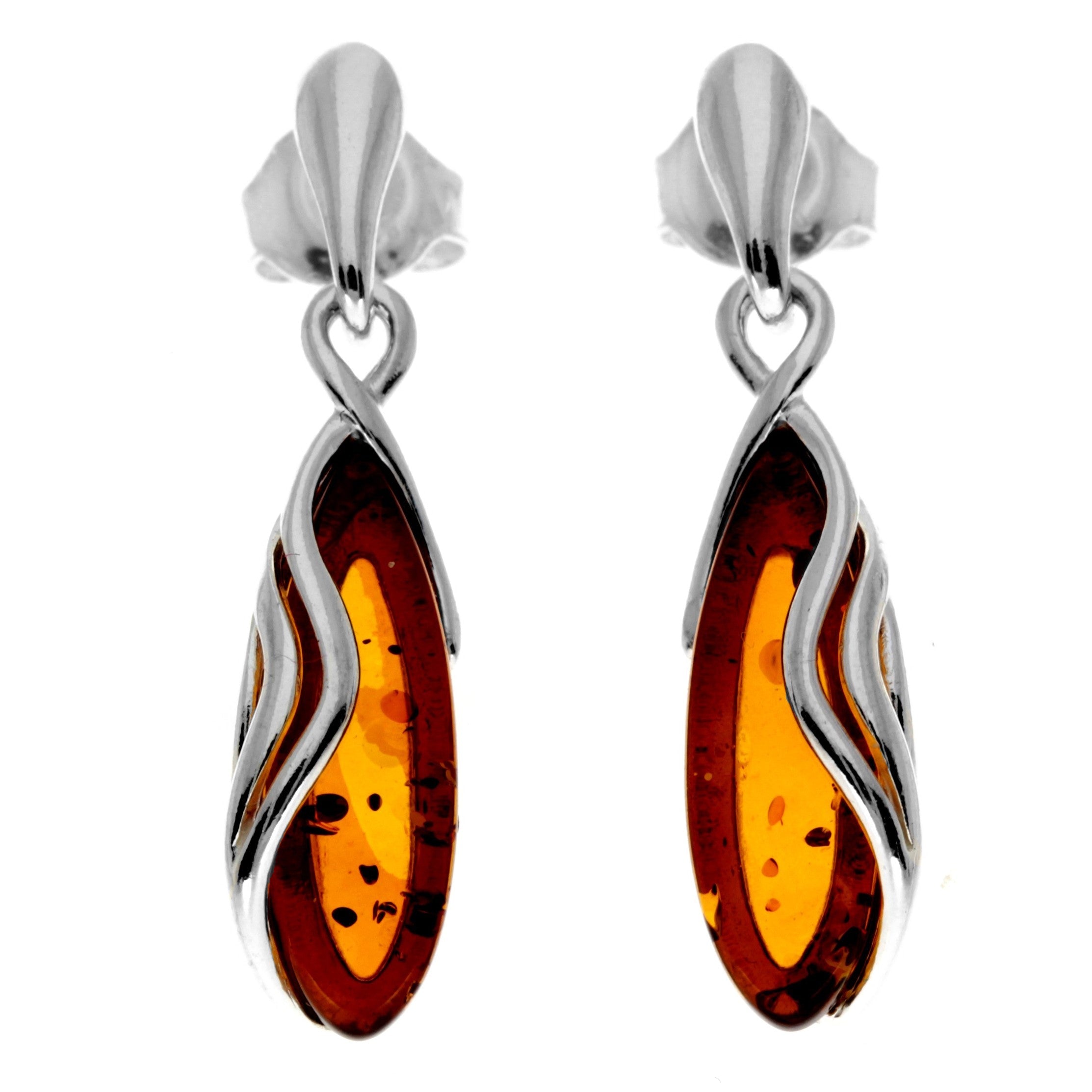 925 Sterling Silver & Genuine Baltic Amber Modern Studs Dangling Earrings - GL1020