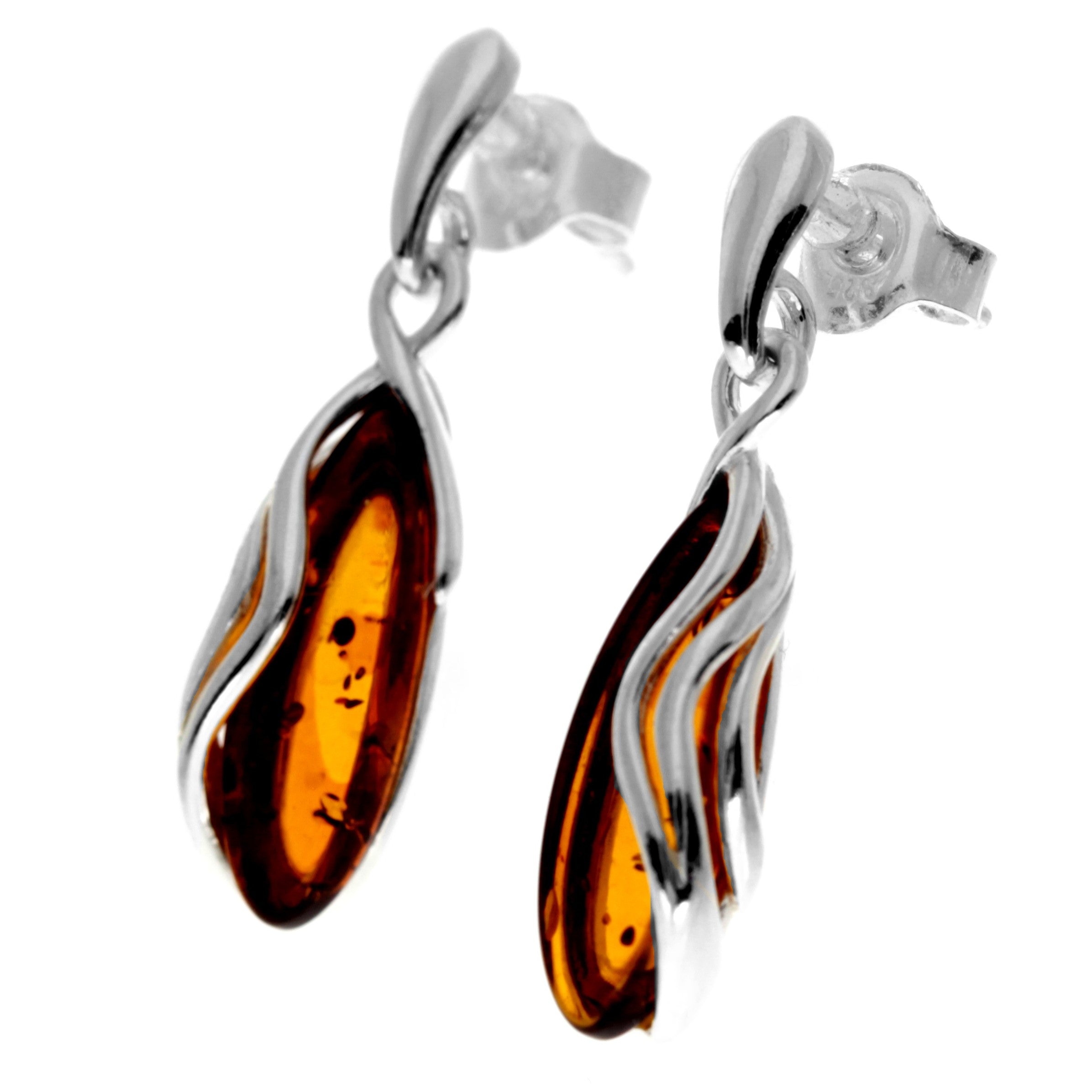 925 Sterling Silver & Genuine Baltic Amber Modern Studs Dangling Earrings - GL1020