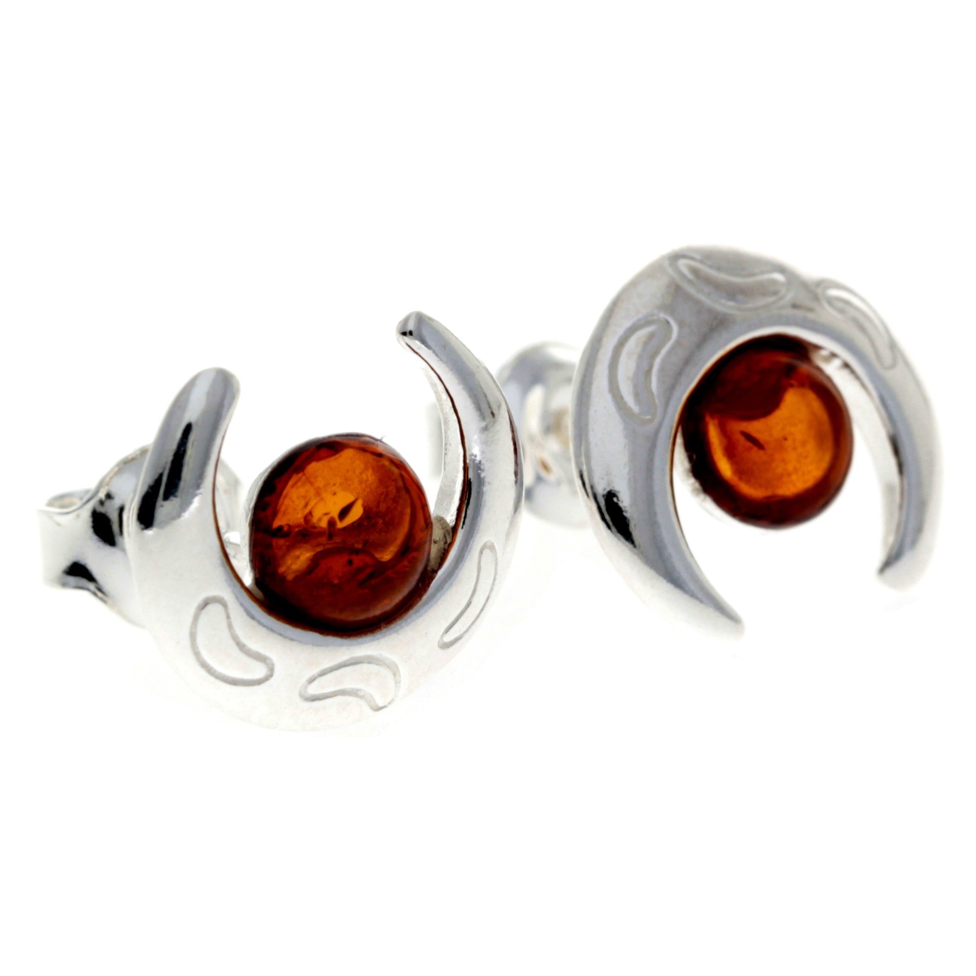 925 Sterling Silver & Genuine Baltic Amber Classic Half Moon Studs Earrings - GL1023