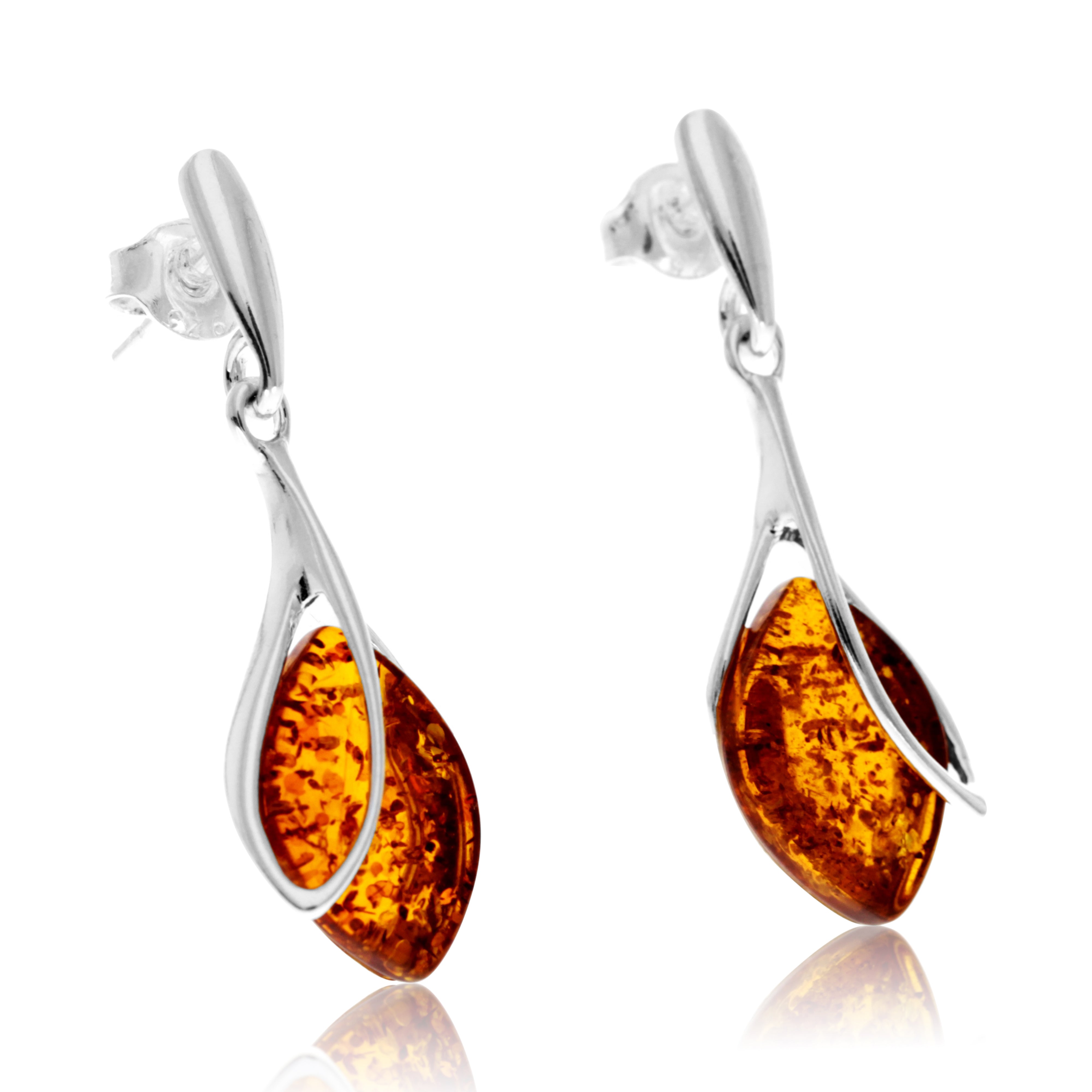 925 Sterling Silver & Genuine Baltic Amber Drop Modern Earrings - GL1026