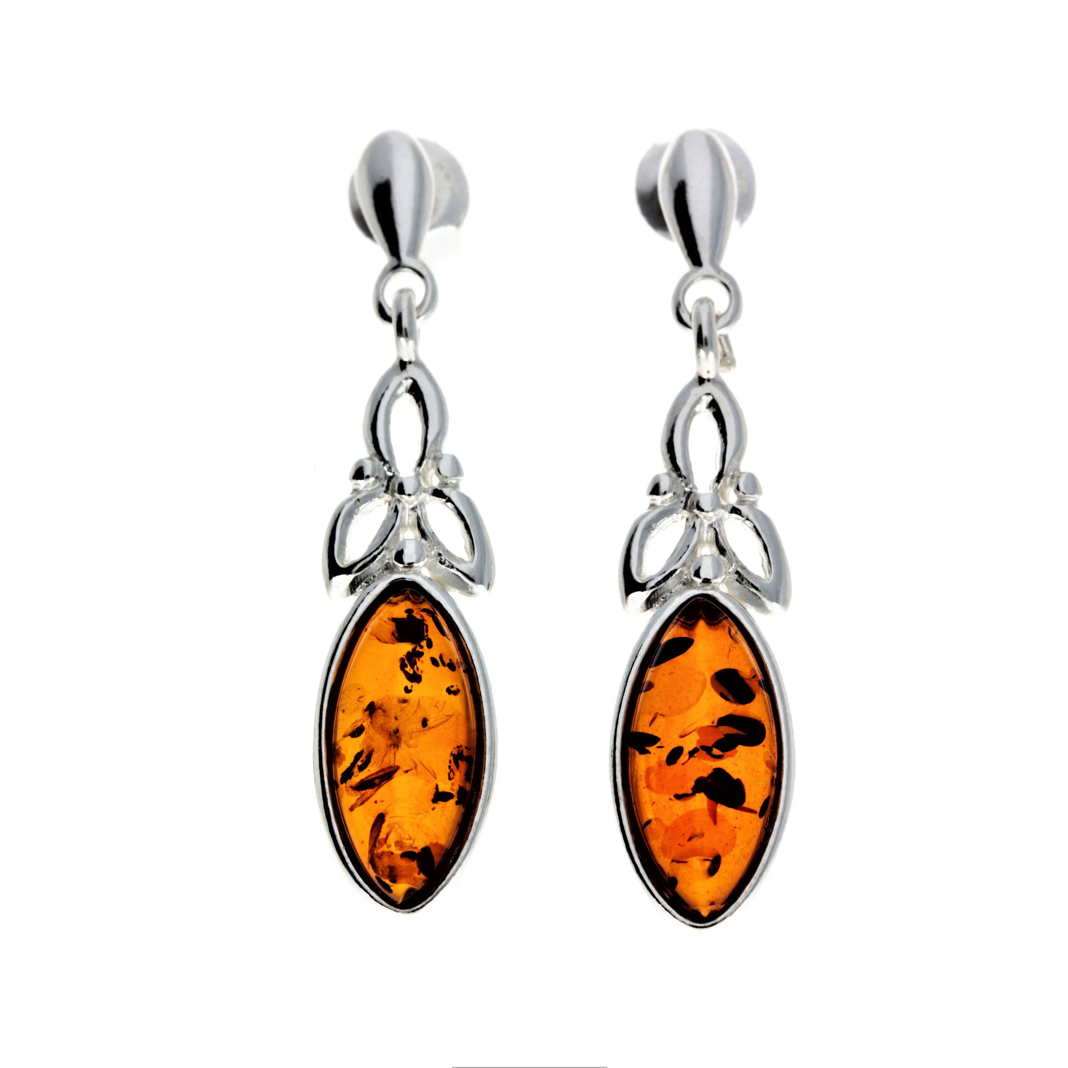 925 Sterling Silver & Genuine Baltic Amber Celtic Drop Earrings - GL143