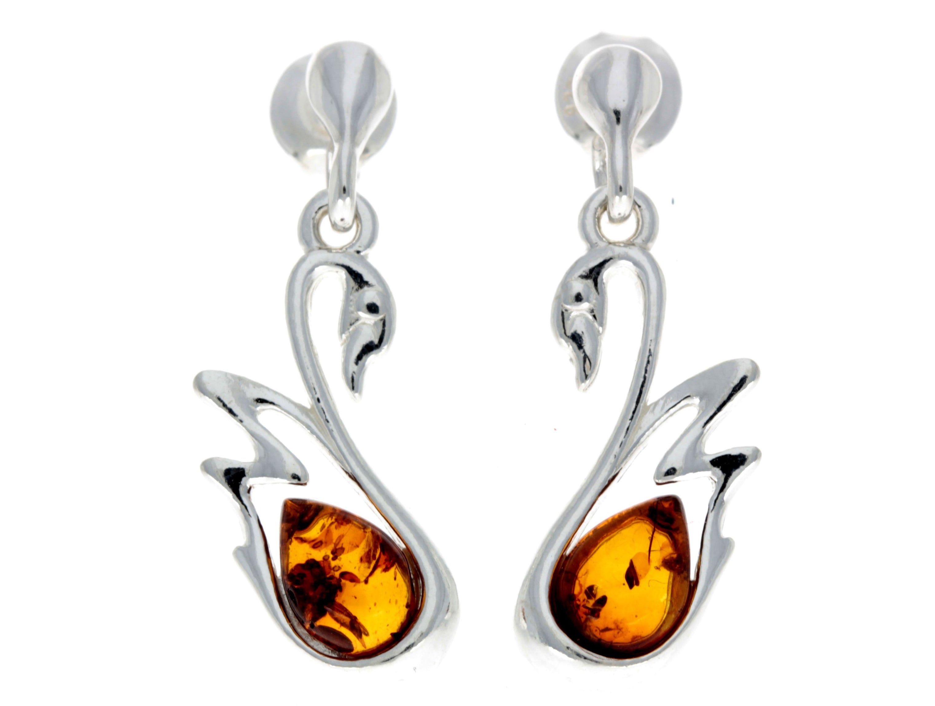 925 Sterling Silver & Baltic Amber Swan Stud Earrings GL149