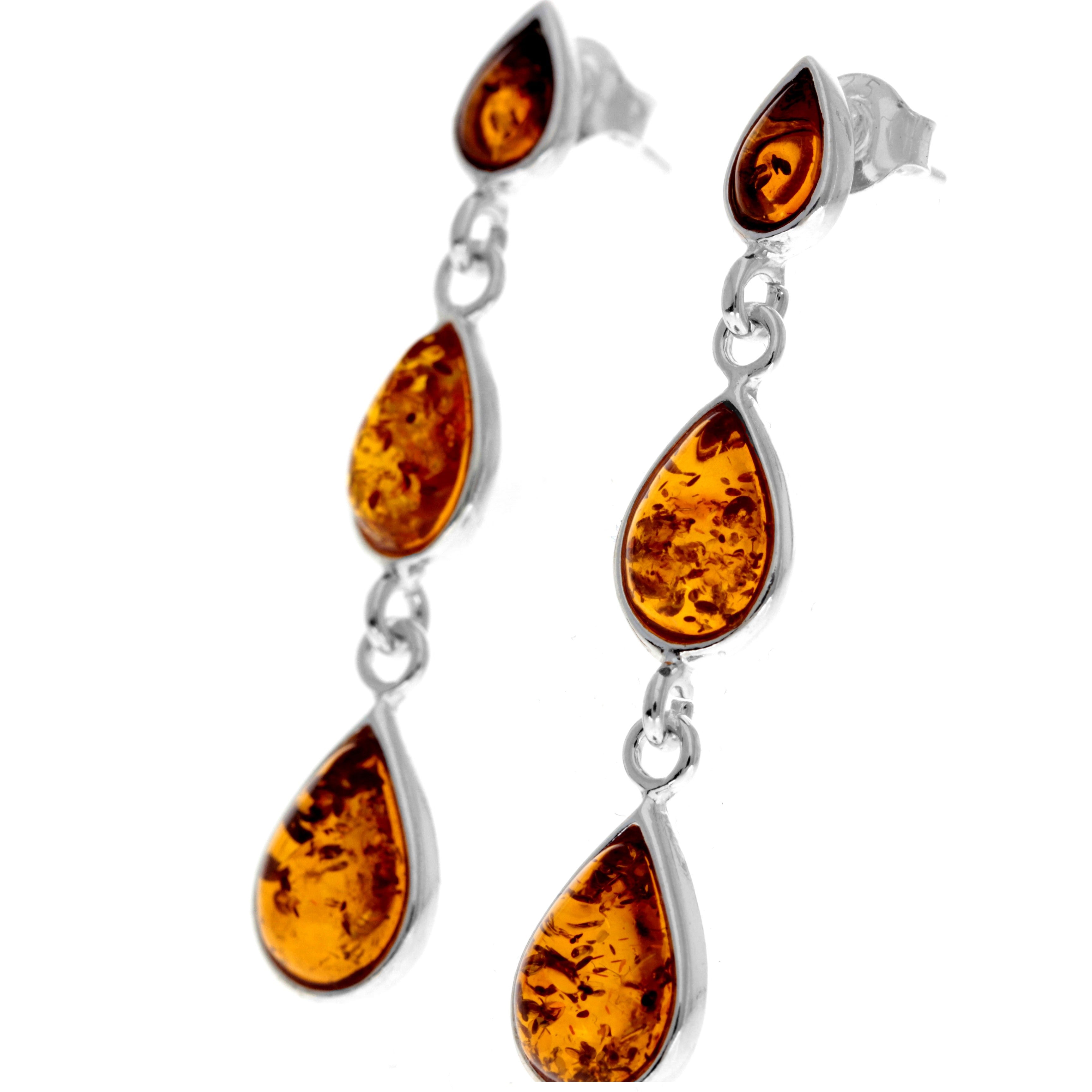 925 Sterling Silver and Genuine Baltic Amber Dangly Drop Earrings - GL150