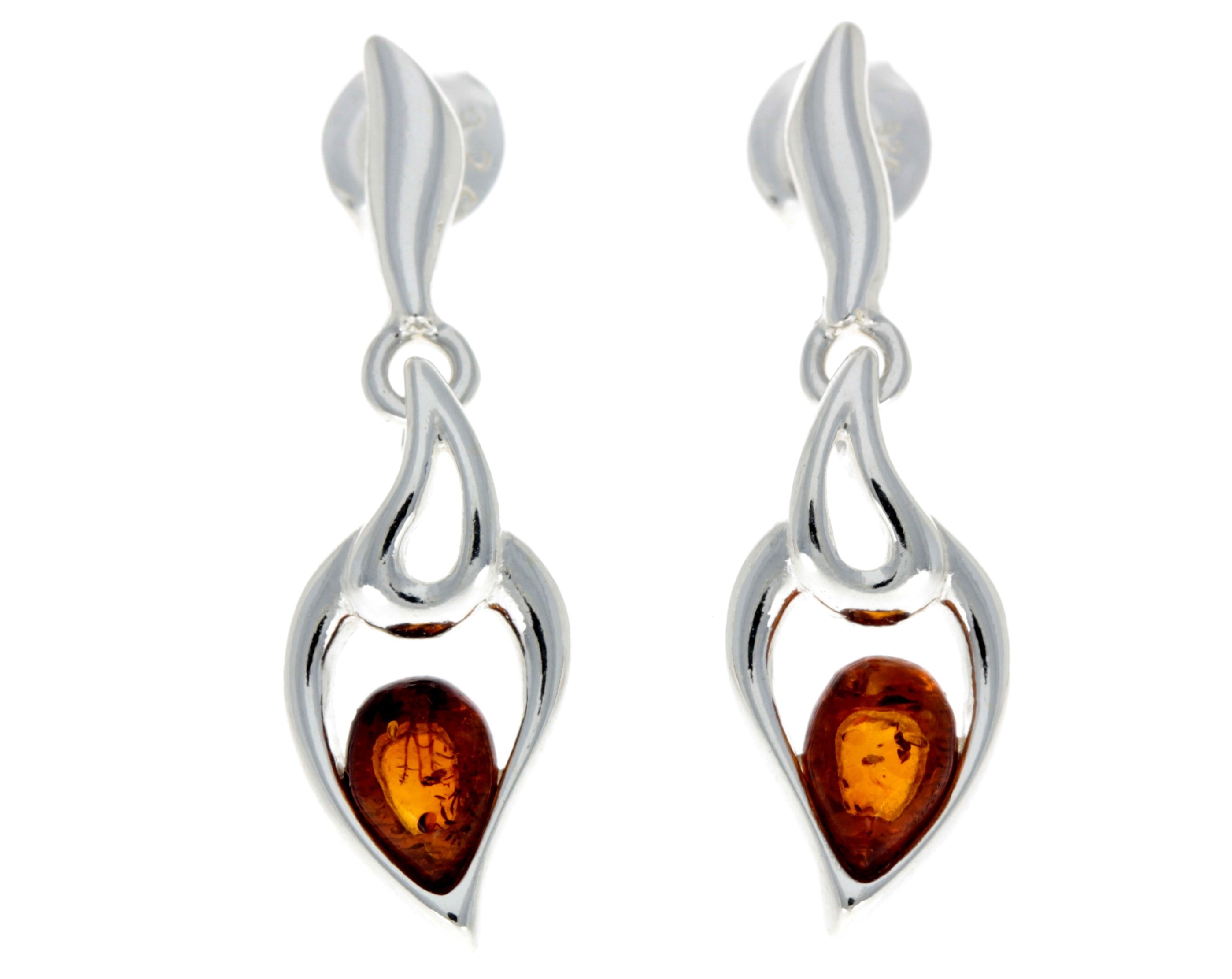 925 Sterling Silver & Genuine Baltic Amber Modern Drop Earrings - GL152