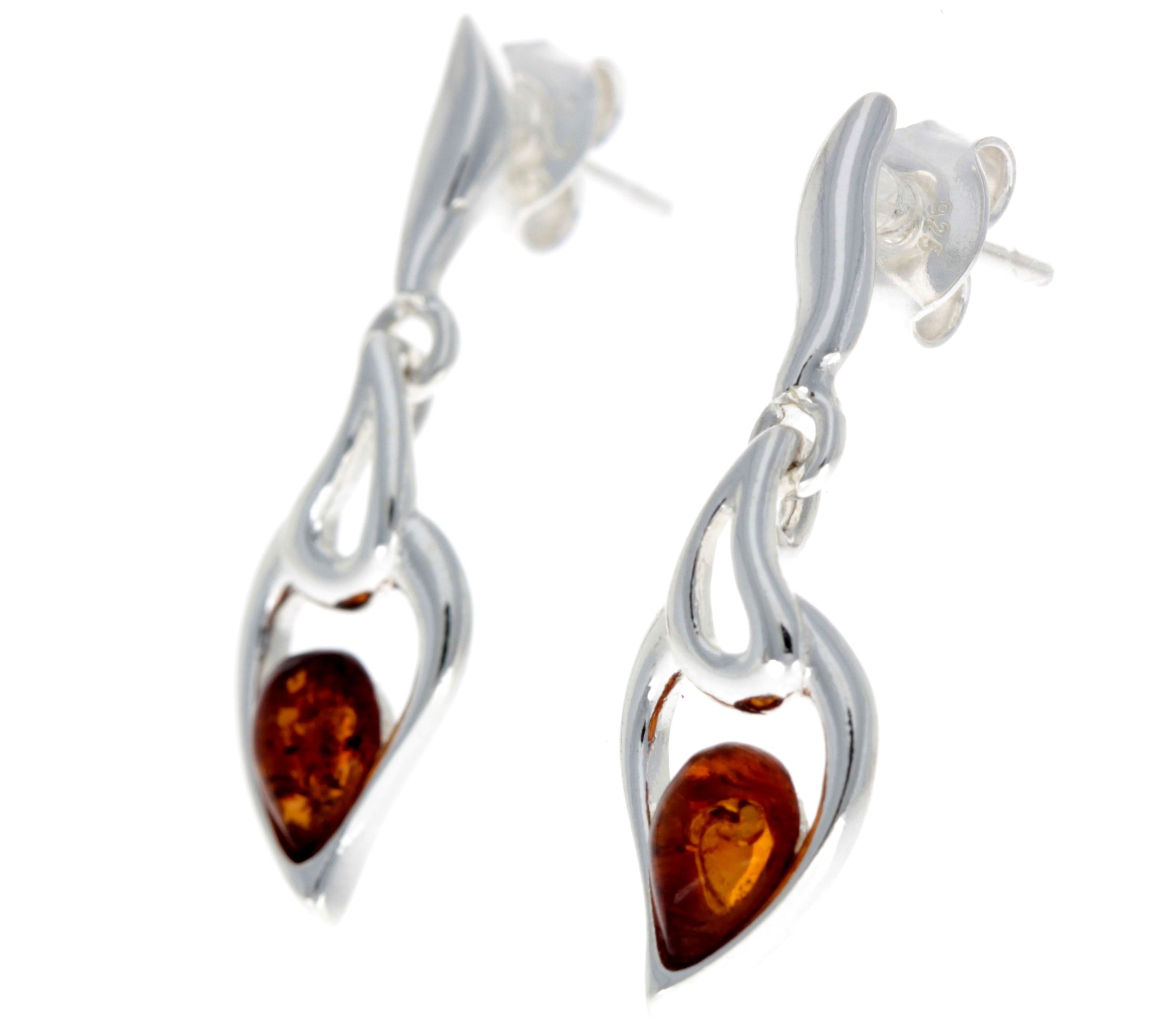 925 Sterling Silver & Genuine Baltic Amber Modern Drop Earrings - GL152