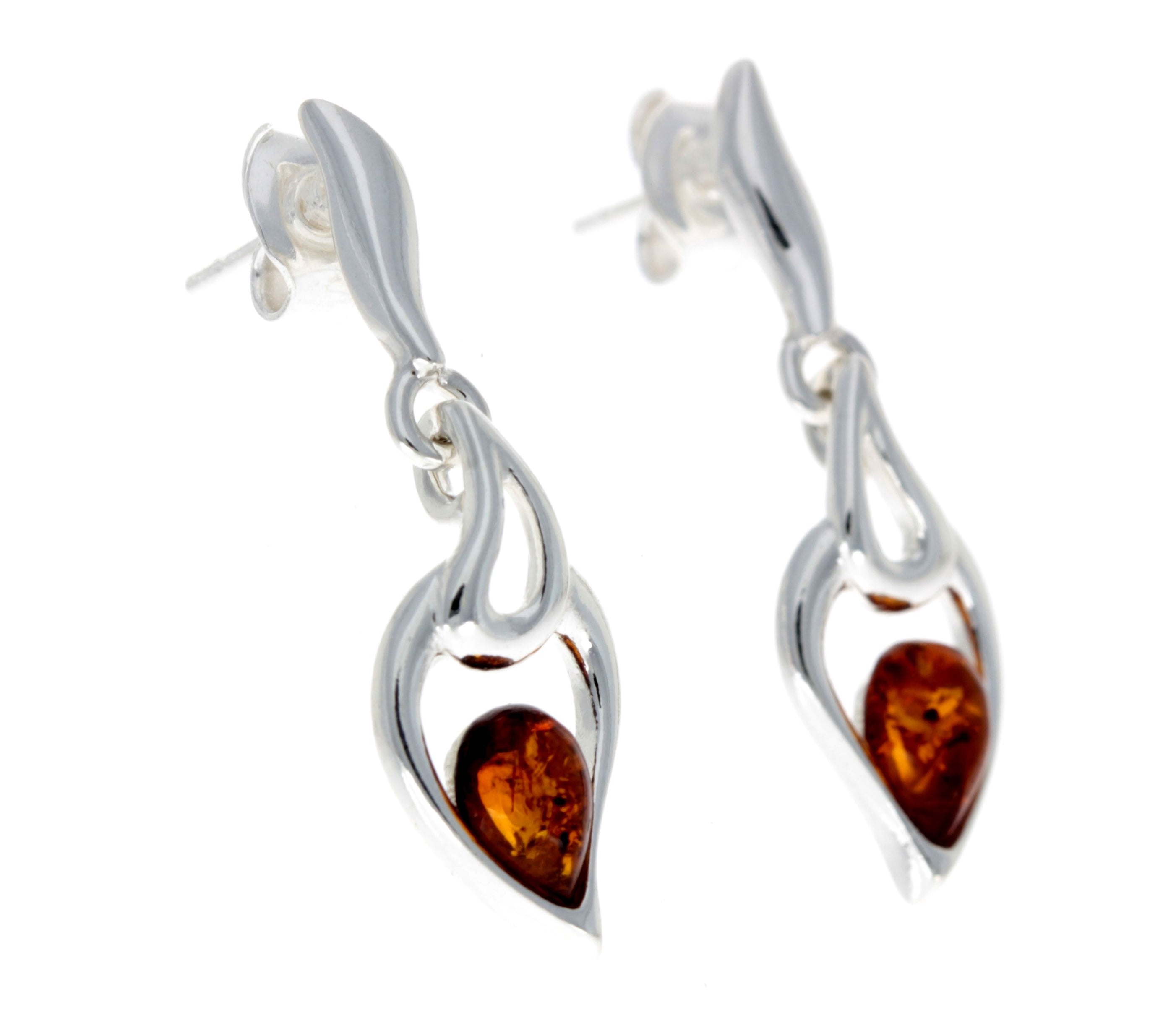 925 Sterling Silver & Genuine Baltic Amber Modern Drop Earrings - GL152